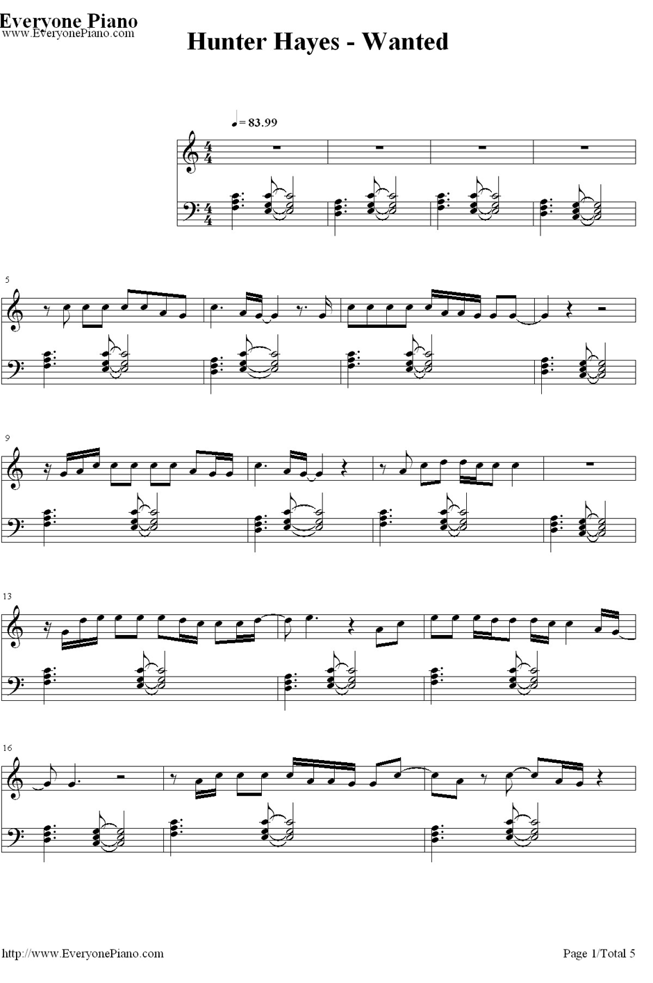 Wanted钢琴谱-HunterHayes1