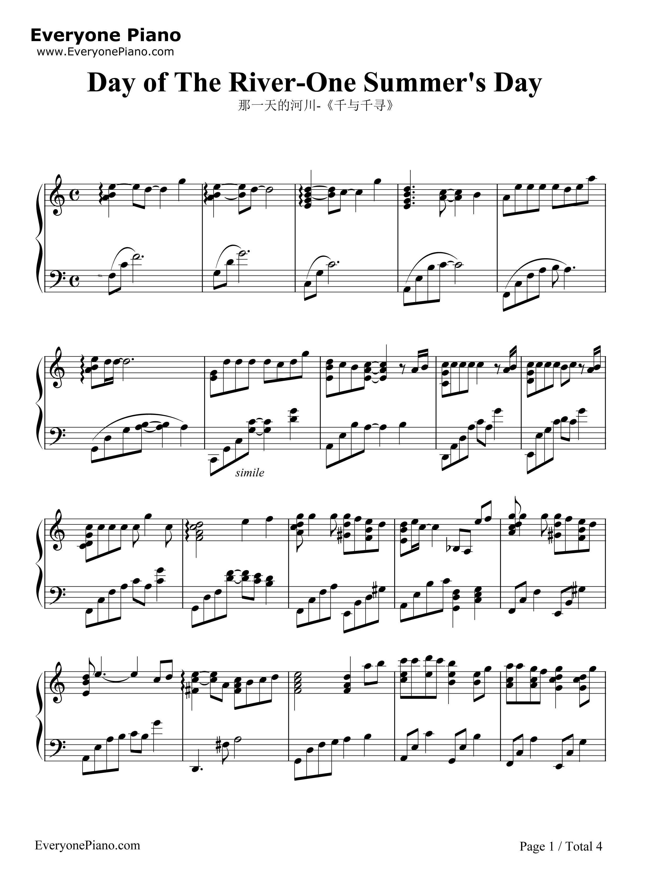 那一天的河川钢琴谱-久石让  Joe Hisaishi 宫崎骏1