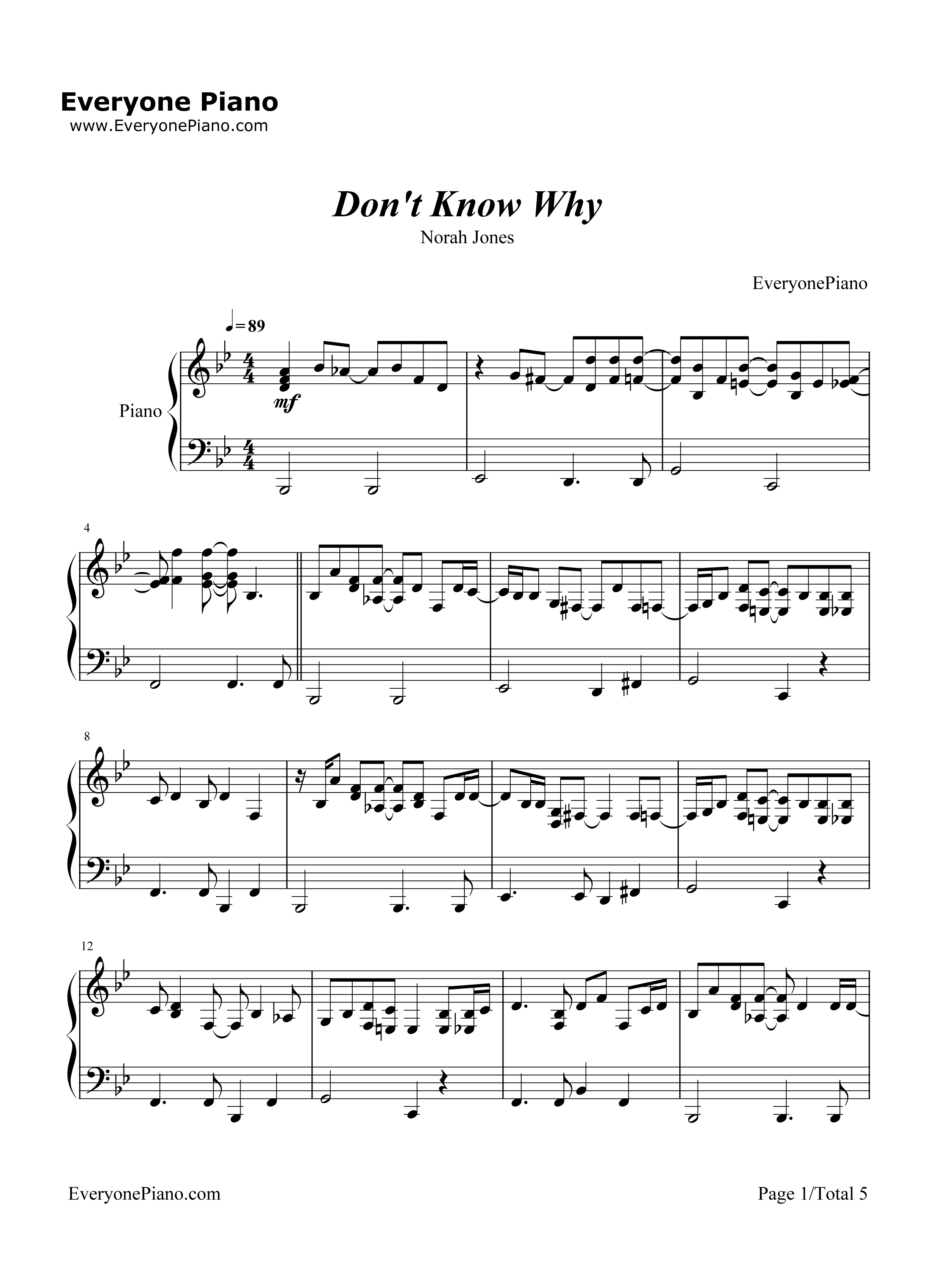 Don't Know Why钢琴谱-Norah Jones　 诺拉·琼斯1
