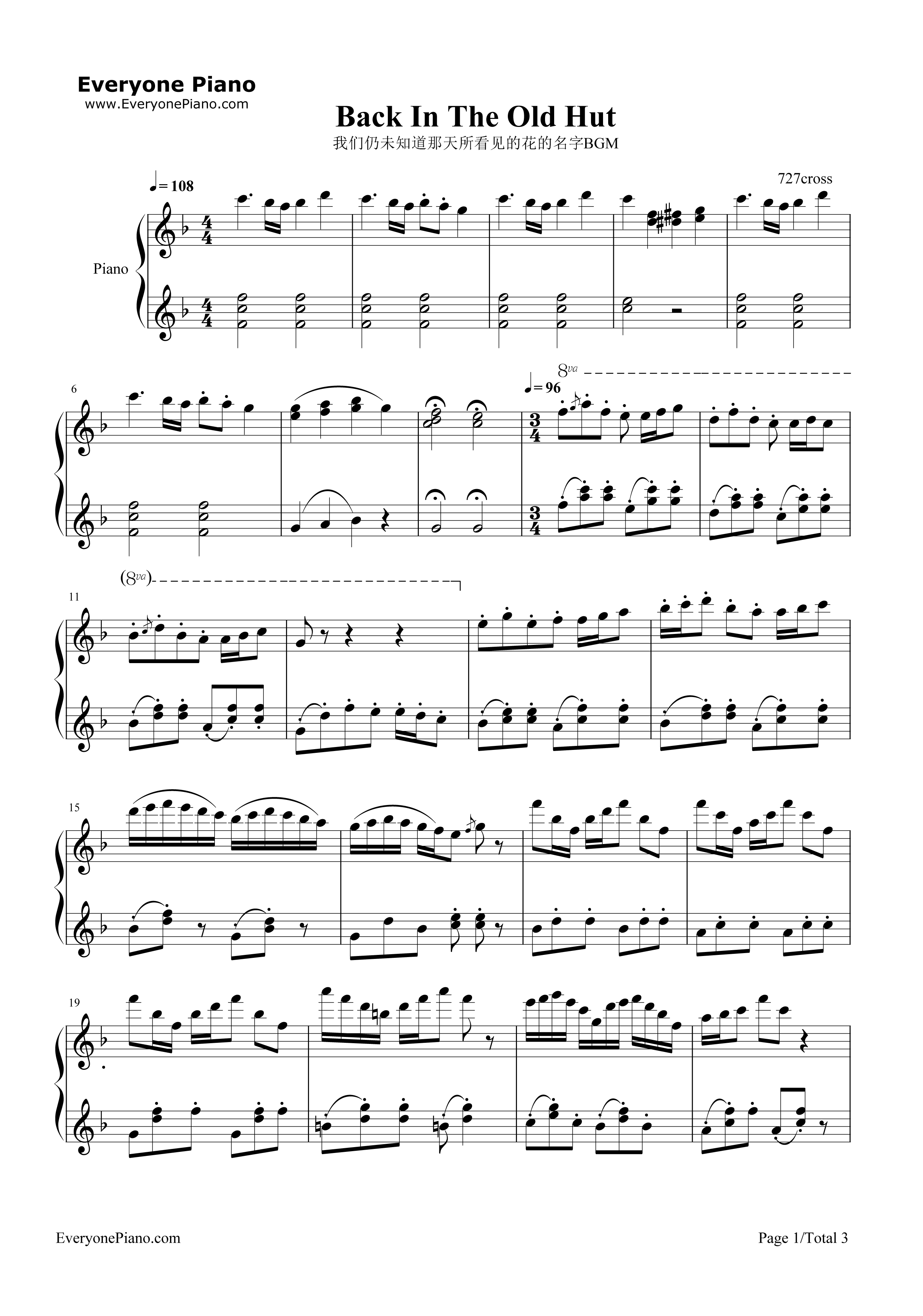 Back In The Old Hut钢琴谱-Remedios1