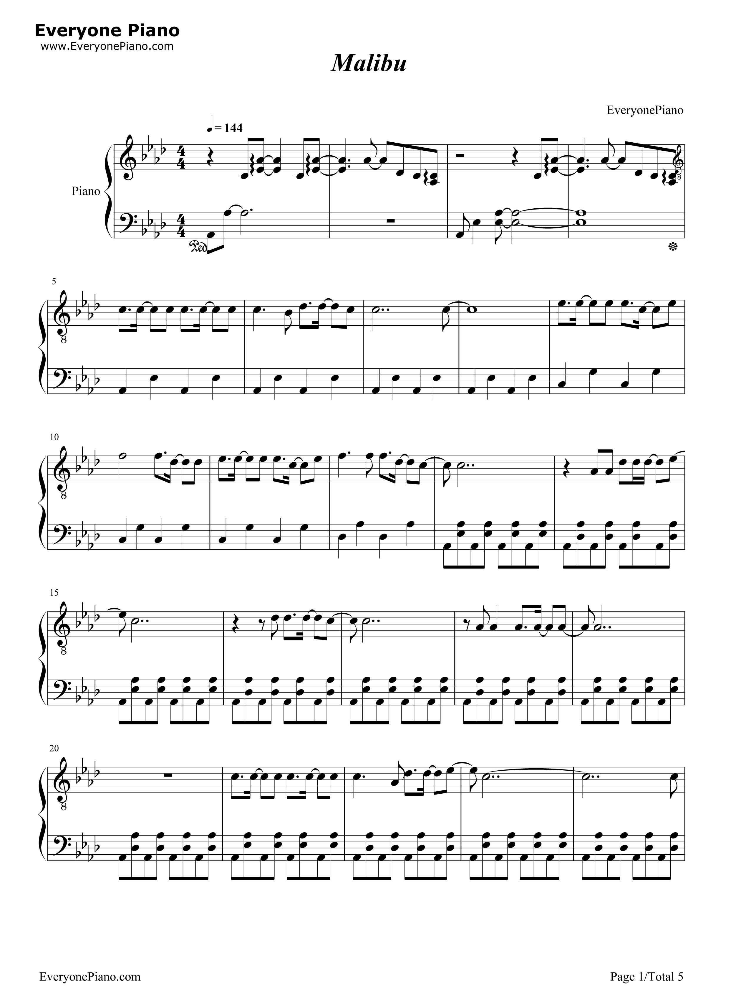 Malibu钢琴谱-Miley Cyrus1