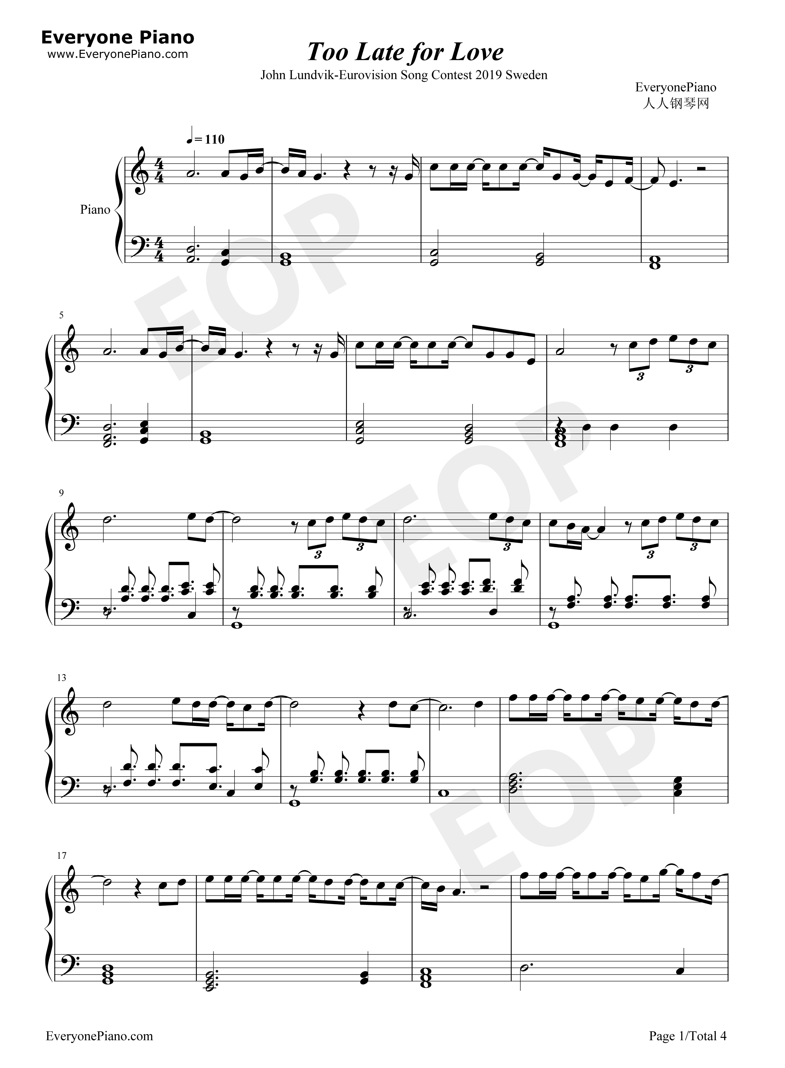 Too Late for Love钢琴谱-John Lundvik1