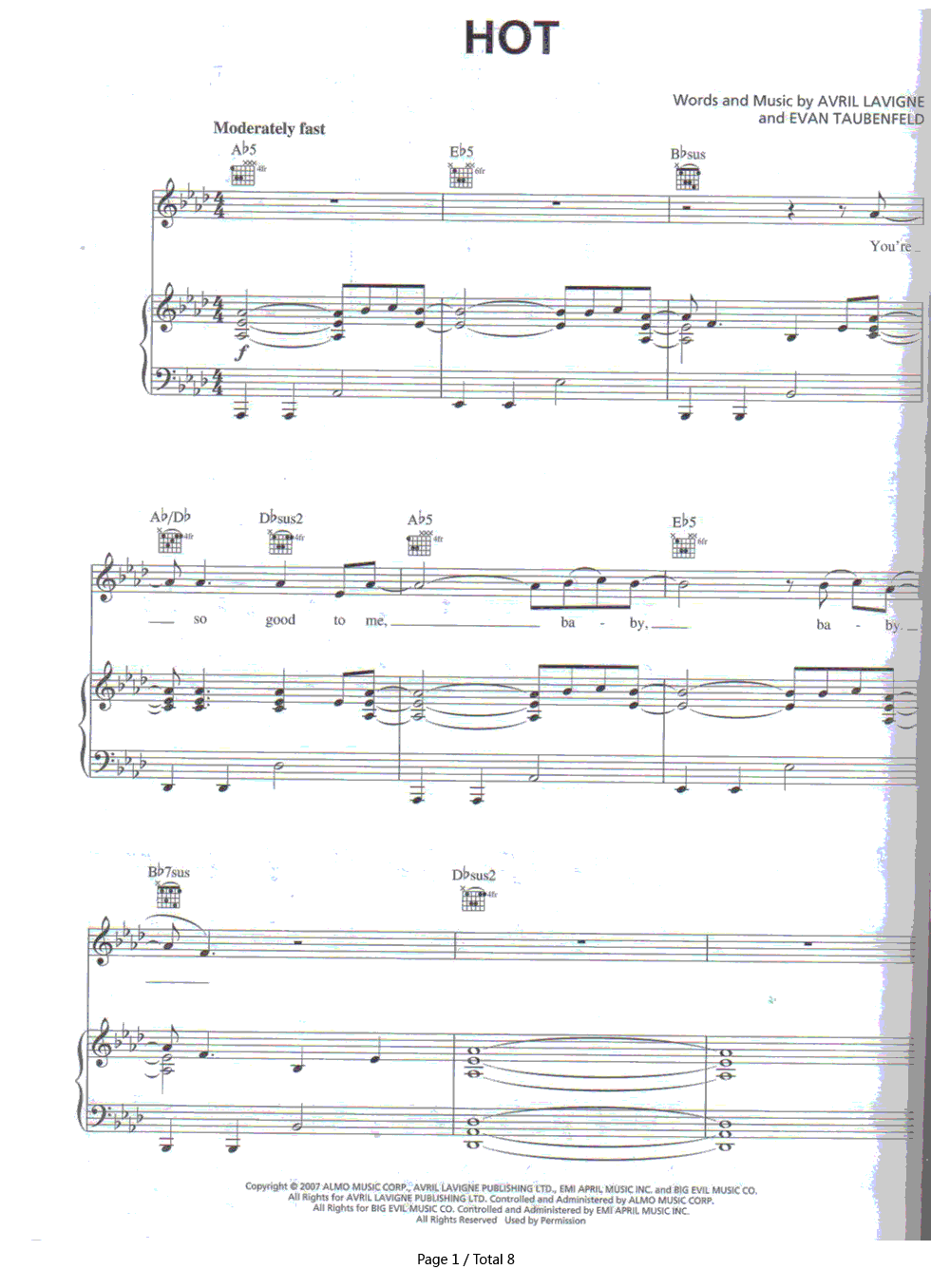 Hot钢琴谱-Avril Lavigne1