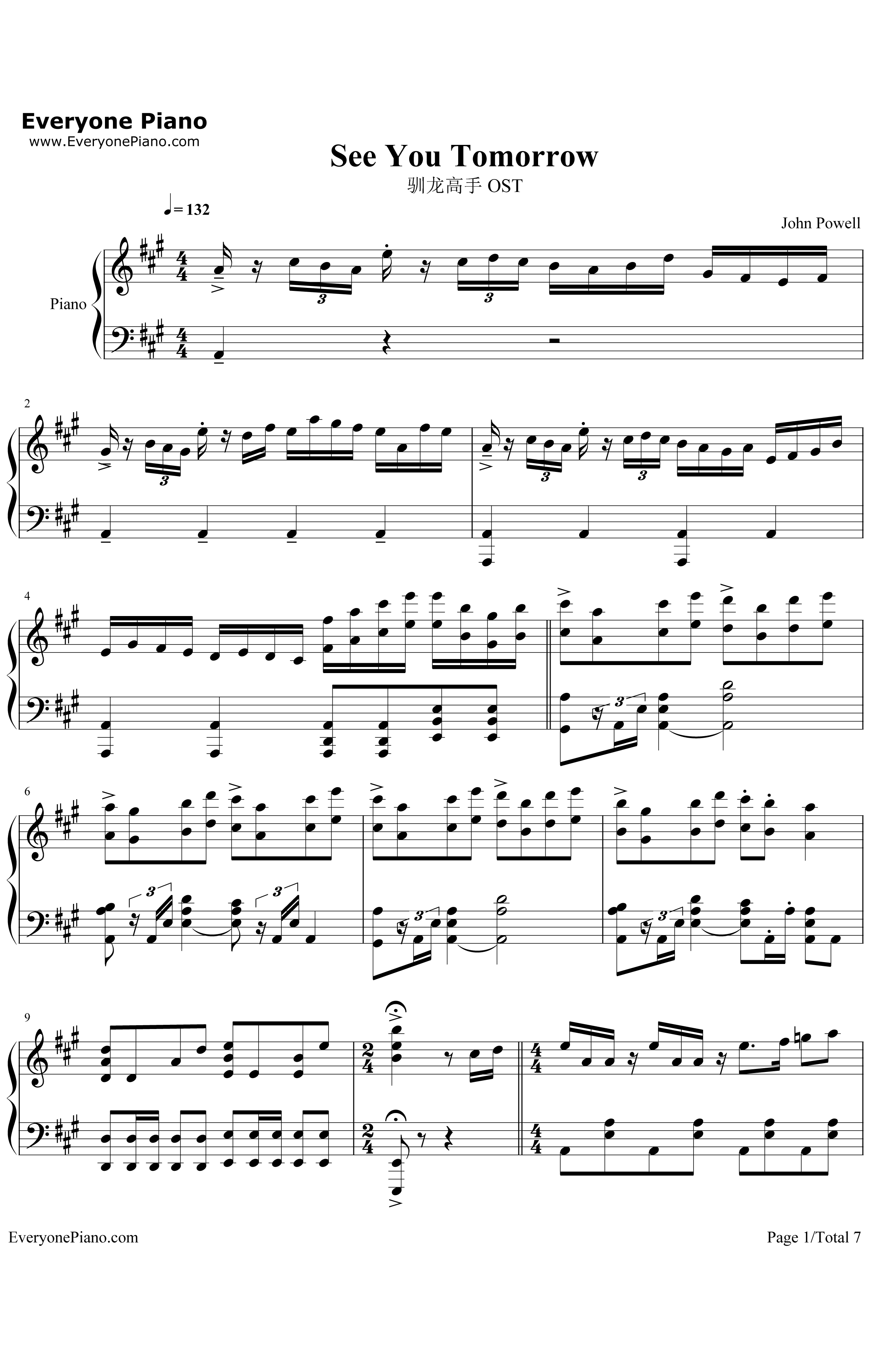 See You Tomorrow钢琴谱-JohnPowell-驯龙高手OST1