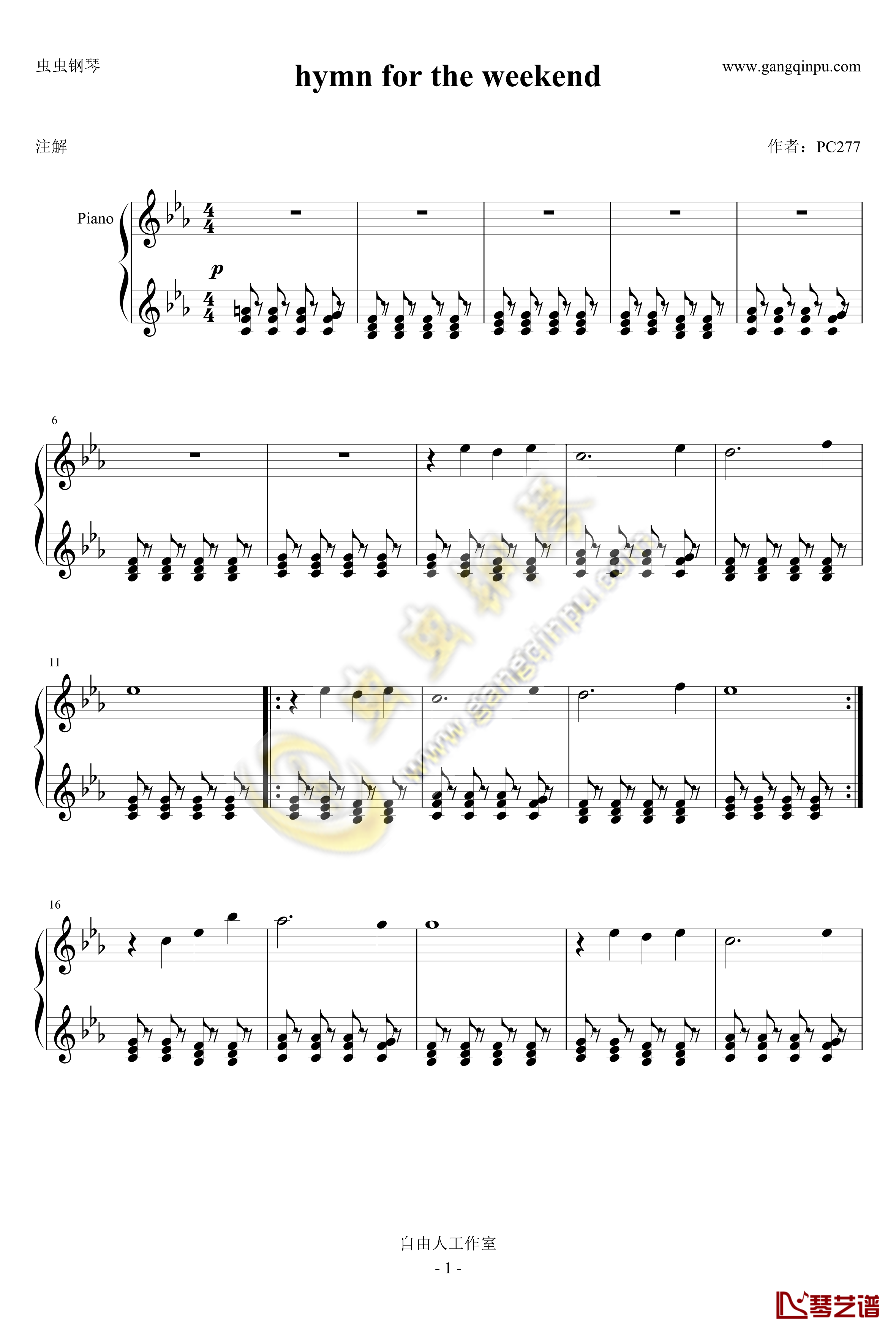 hymn for the weekend钢琴谱-新单-酷玩乐队-酷玩Coldplay1