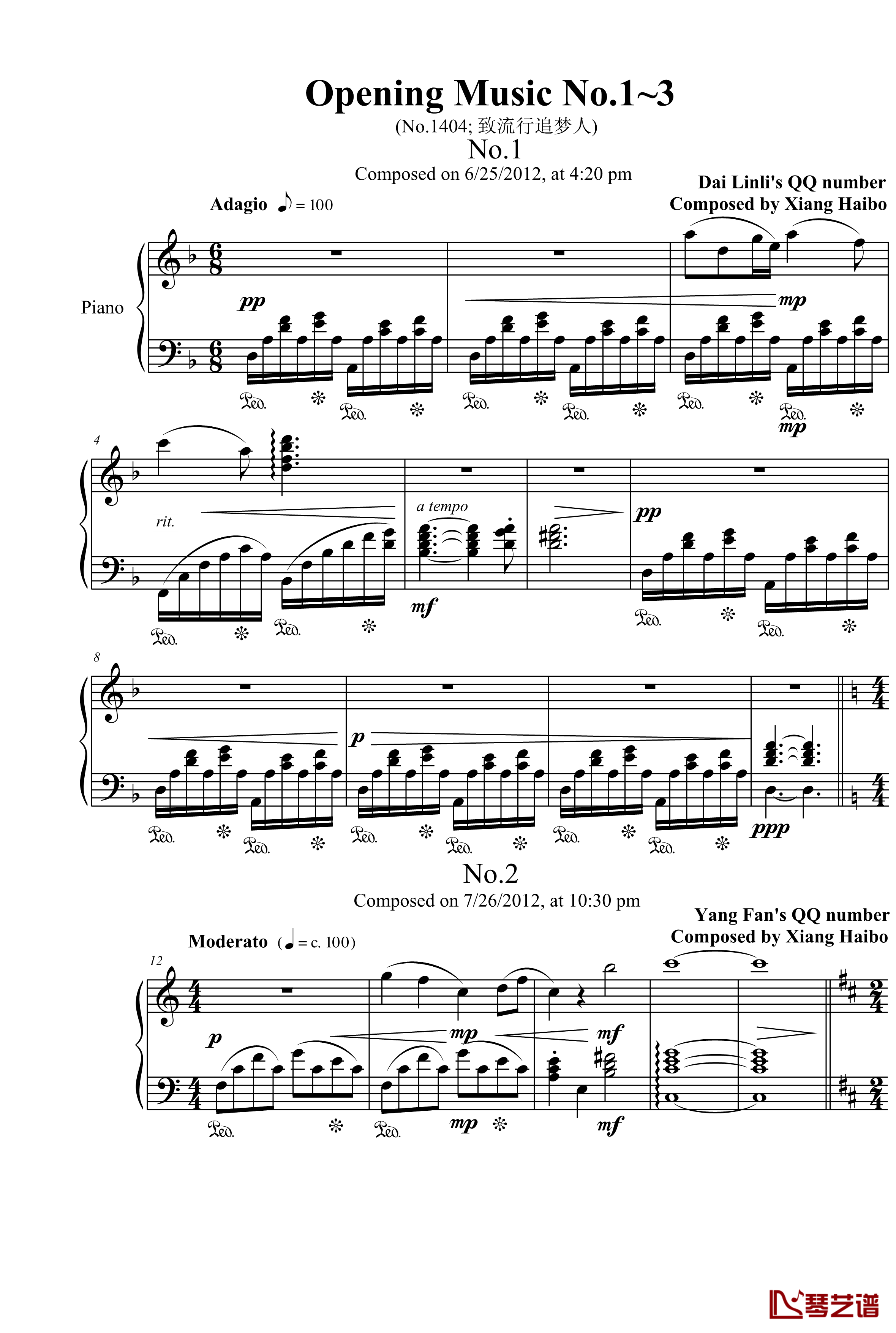 Opening Music No.1~3-钢琴谱-致流行追梦人-项海波1