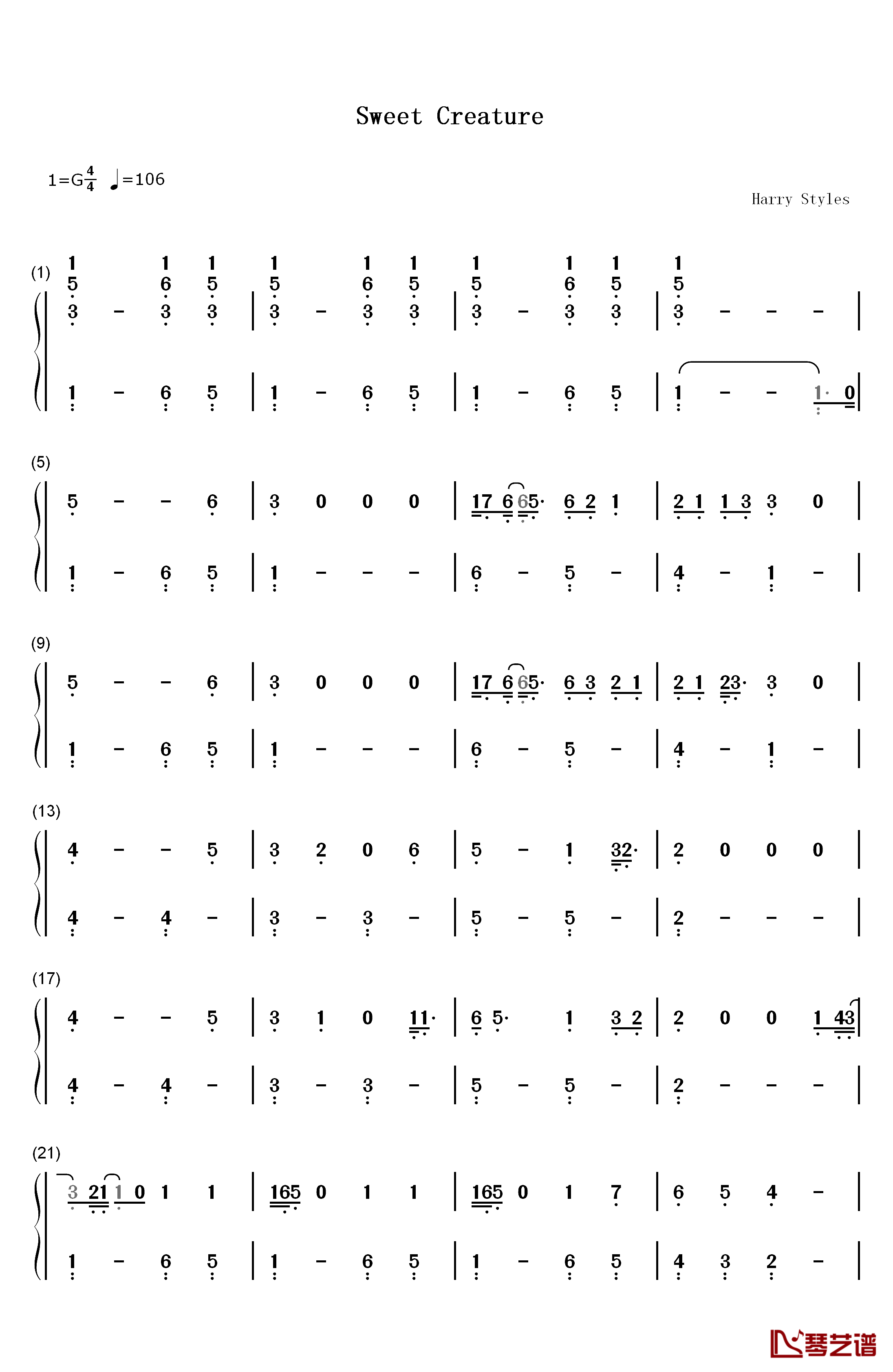 Sweet Creature钢琴简谱-数字双手-Harry Styles1