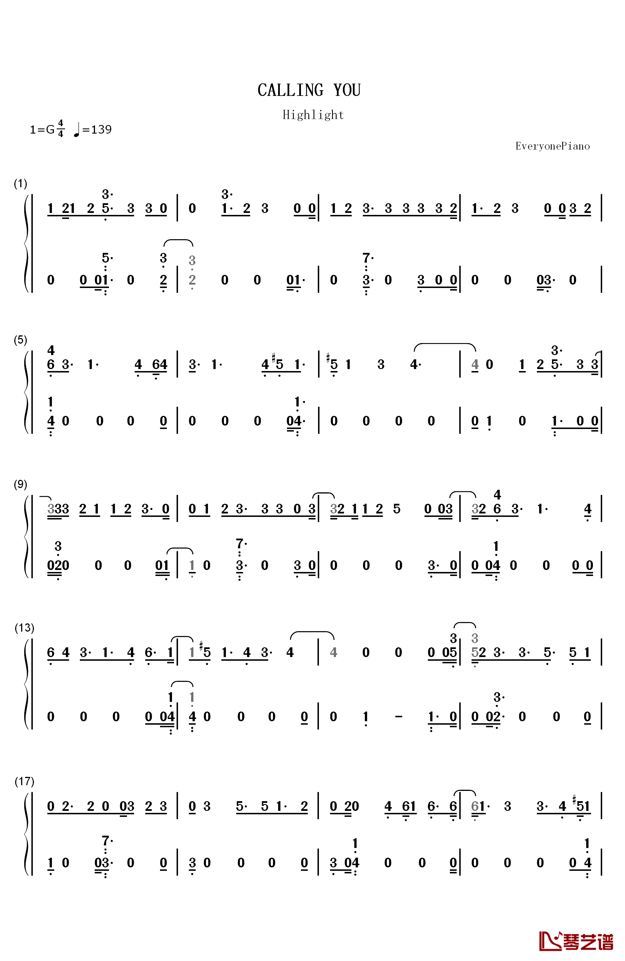 CALLING YOU钢琴简谱-数字双手-Highlight1