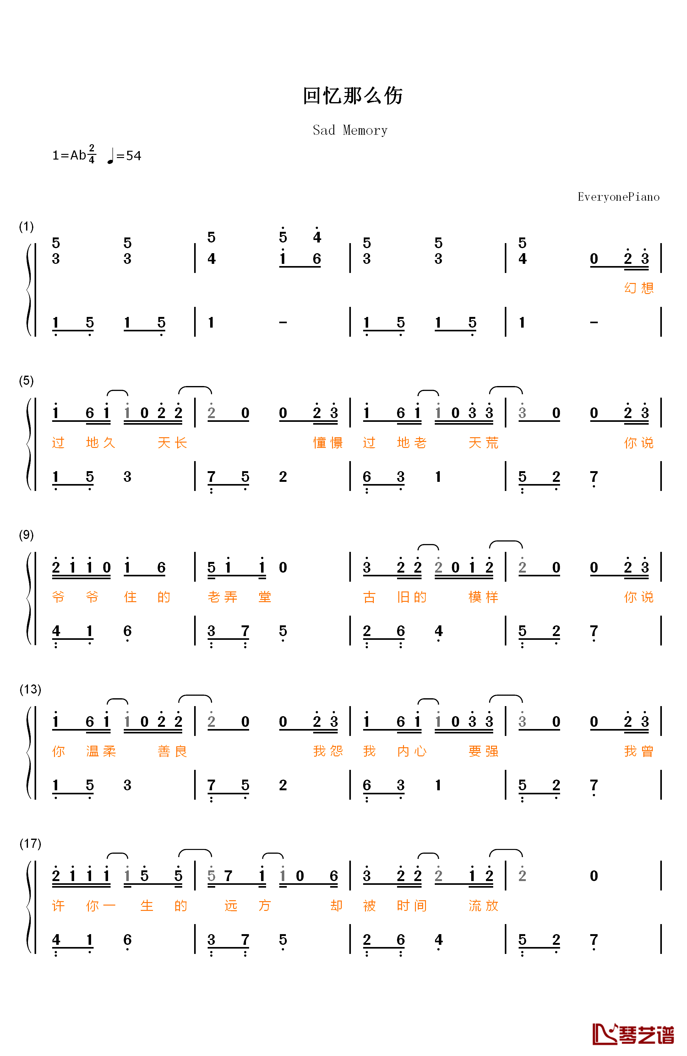 回忆那么伤钢琴简谱-数字双手-孙子涵1