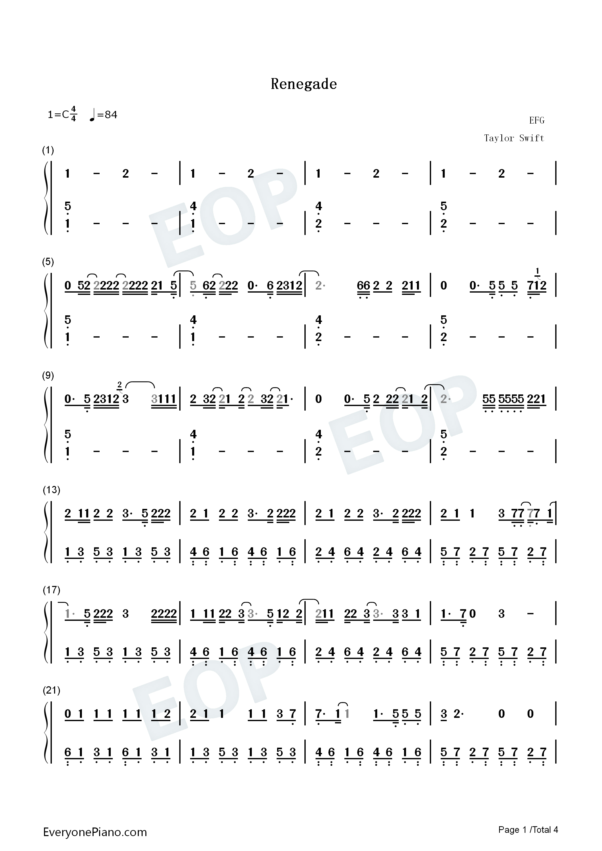 Renegade钢琴简谱-Big Red Machine Taylor Swift演唱1