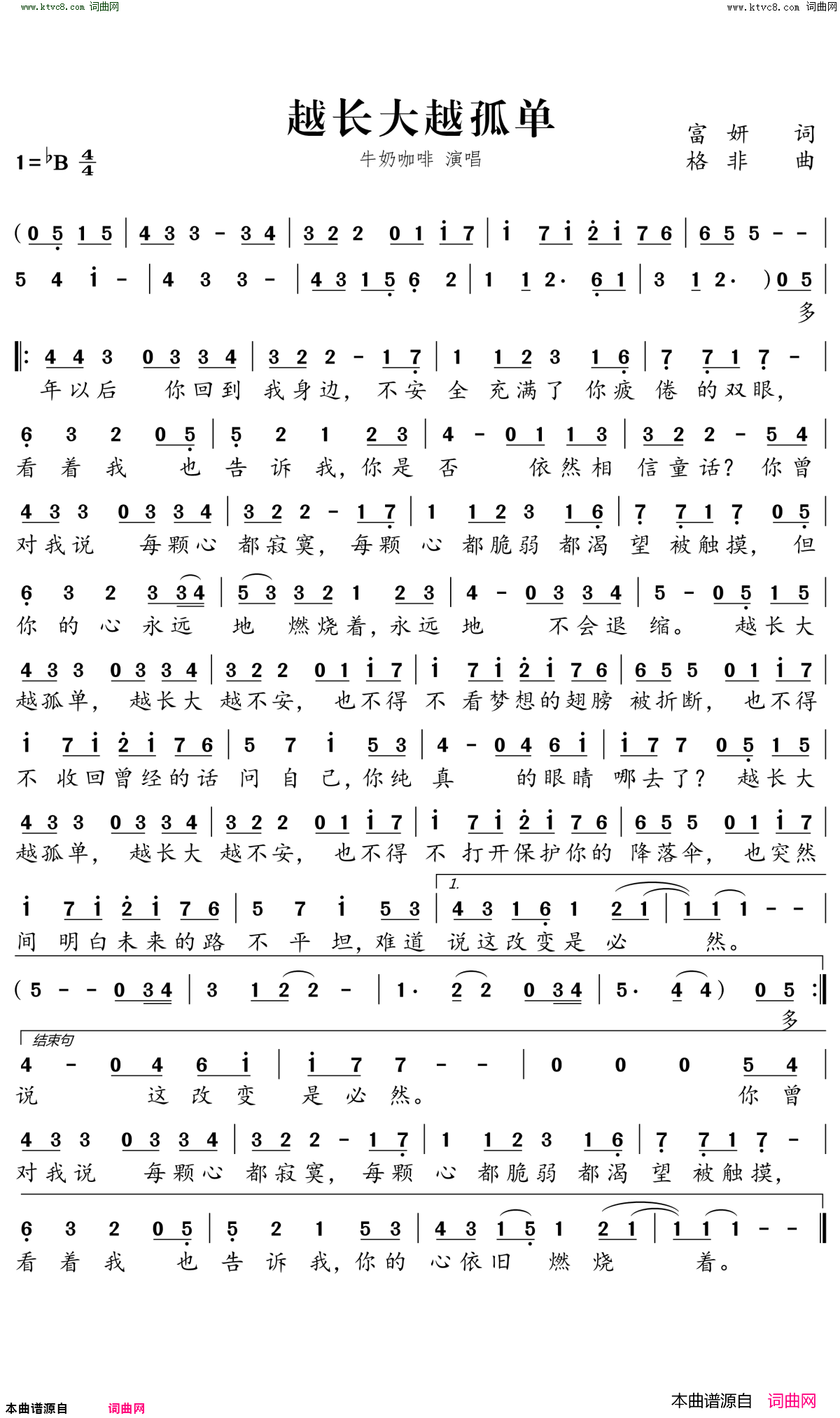 越长大越孤单简谱-牛奶咖啡演唱-富妍、KiKi/格非词曲1