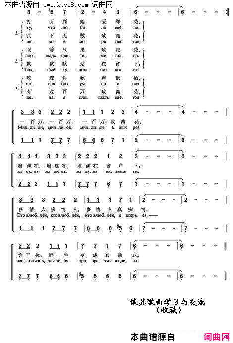 百万玫瑰花МИЛИОН АЛЫХ РОЗ 中俄简谱简谱-阿拉·布伽乔娃演唱-安·沃兹涅先斯基/莱蒙德·帕乌尔斯词曲1