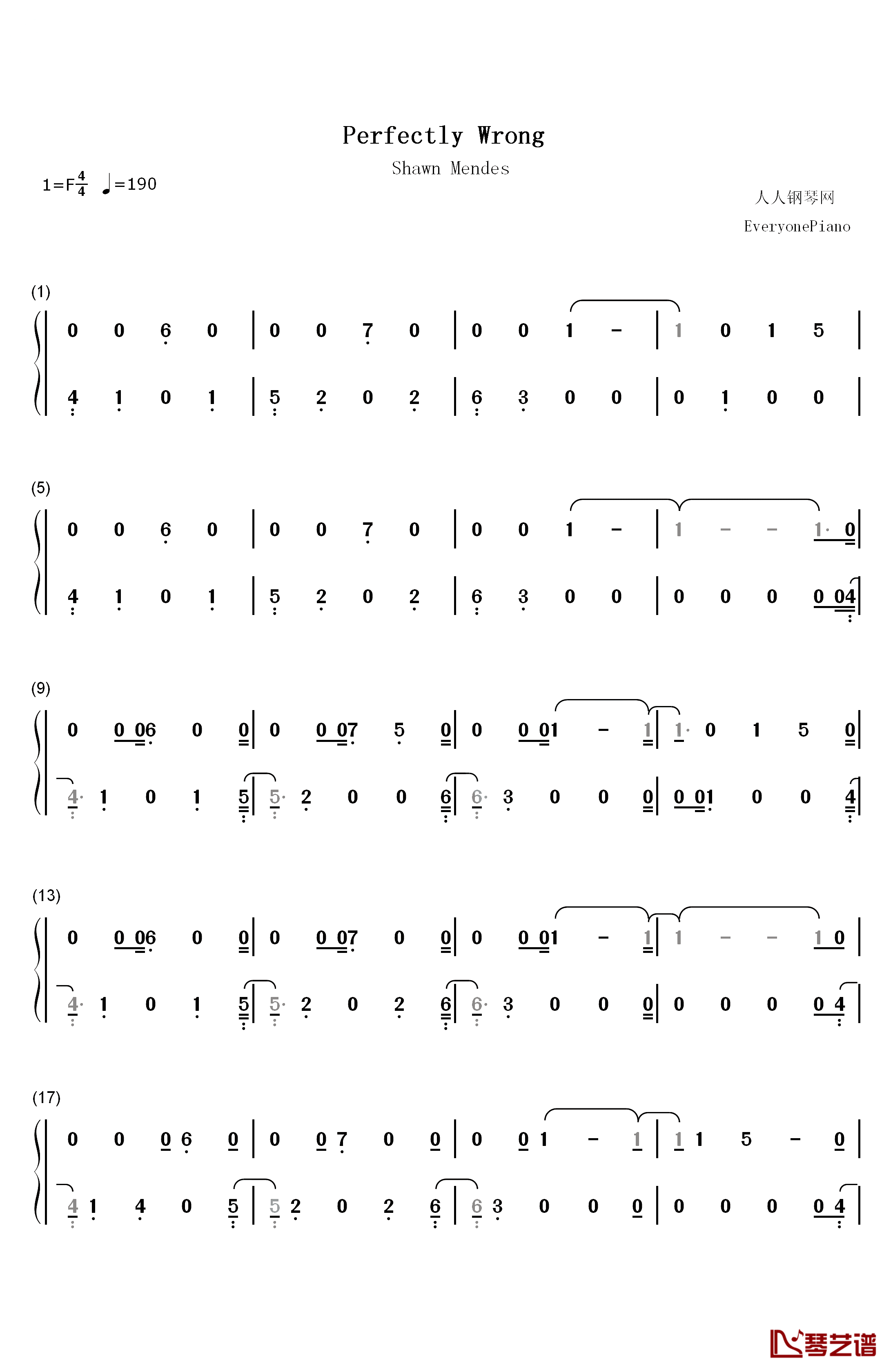 Perfectly Wrong钢琴简谱-数字双手-Shawn Mendes1