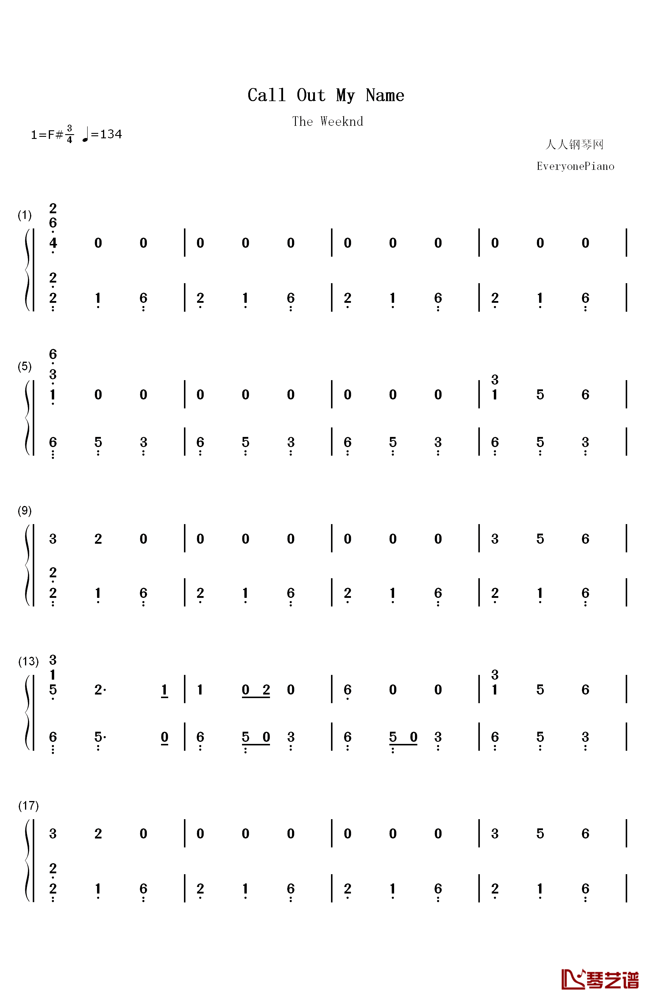 Call Out My Name钢琴简谱-数字双手-The Weeknd1