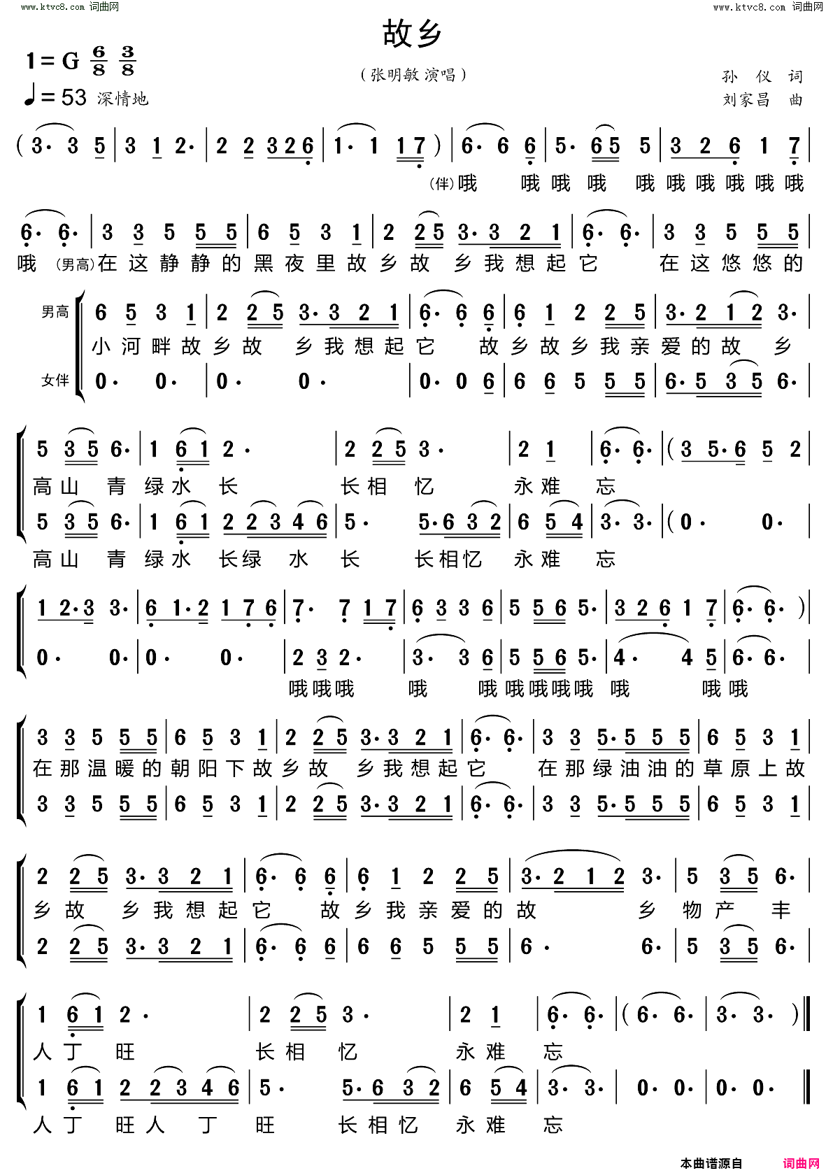 故乡简谱-张明敏演唱-孙仪/刘家昌词曲1