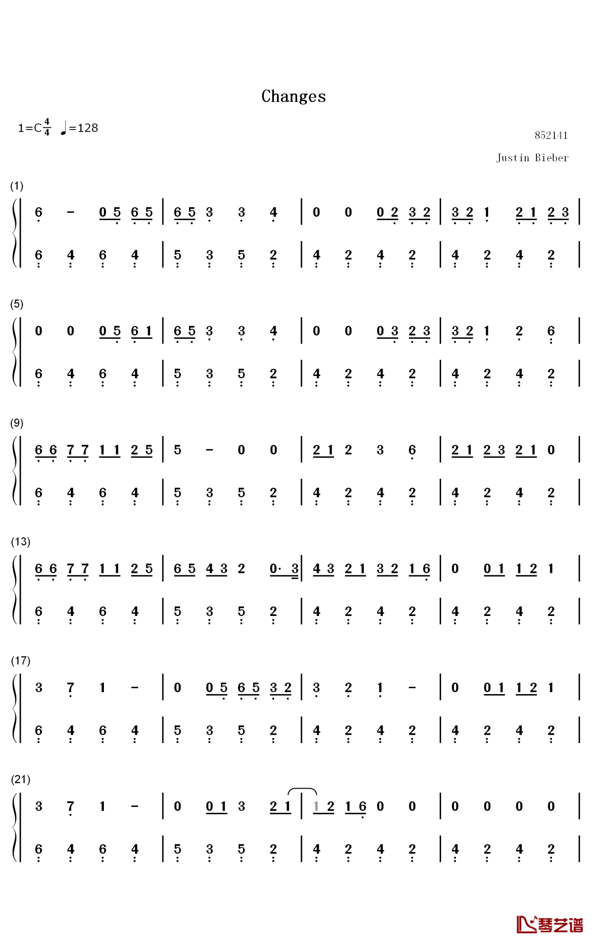 Changes钢琴简谱-数字双手-Justin Bieber1