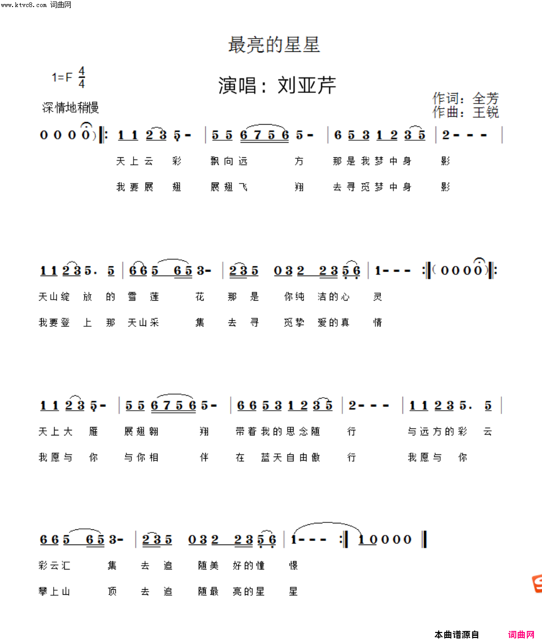 最亮的星星简谱-刘亚芹演唱-全芳/王锐词曲1