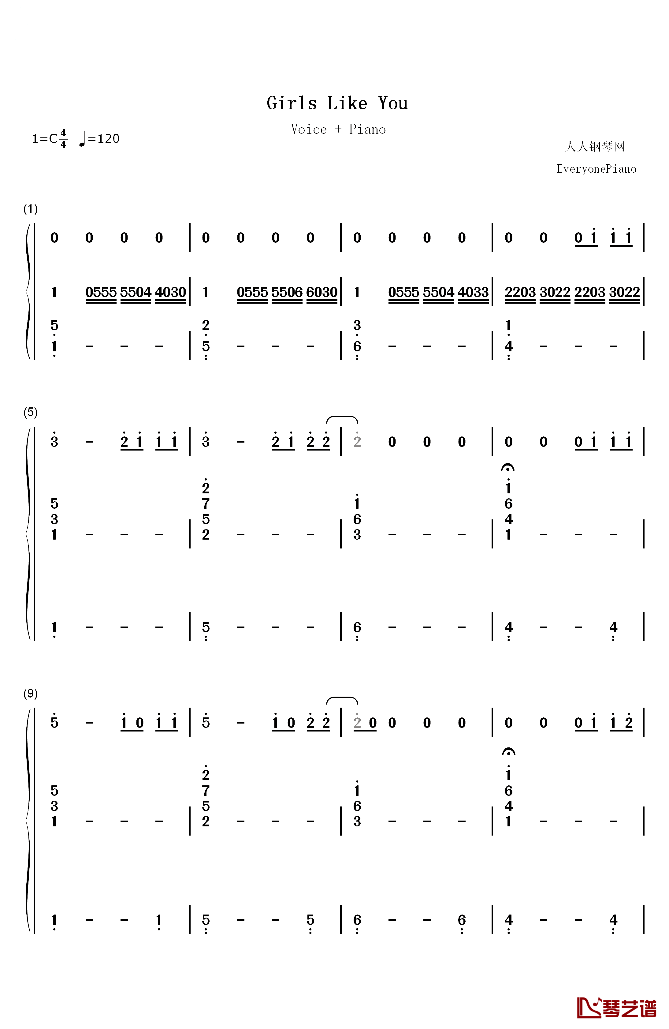 Girls Like You钢琴简谱-数字双手-Maroon 51