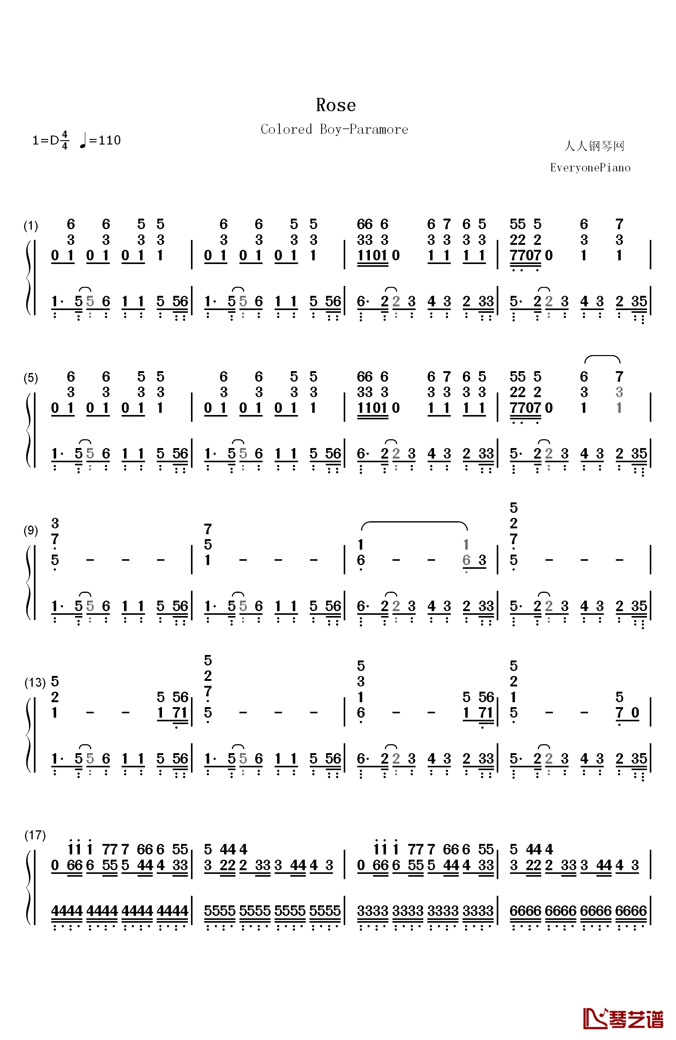 Rose钢琴简谱-数字双手-Paramore1