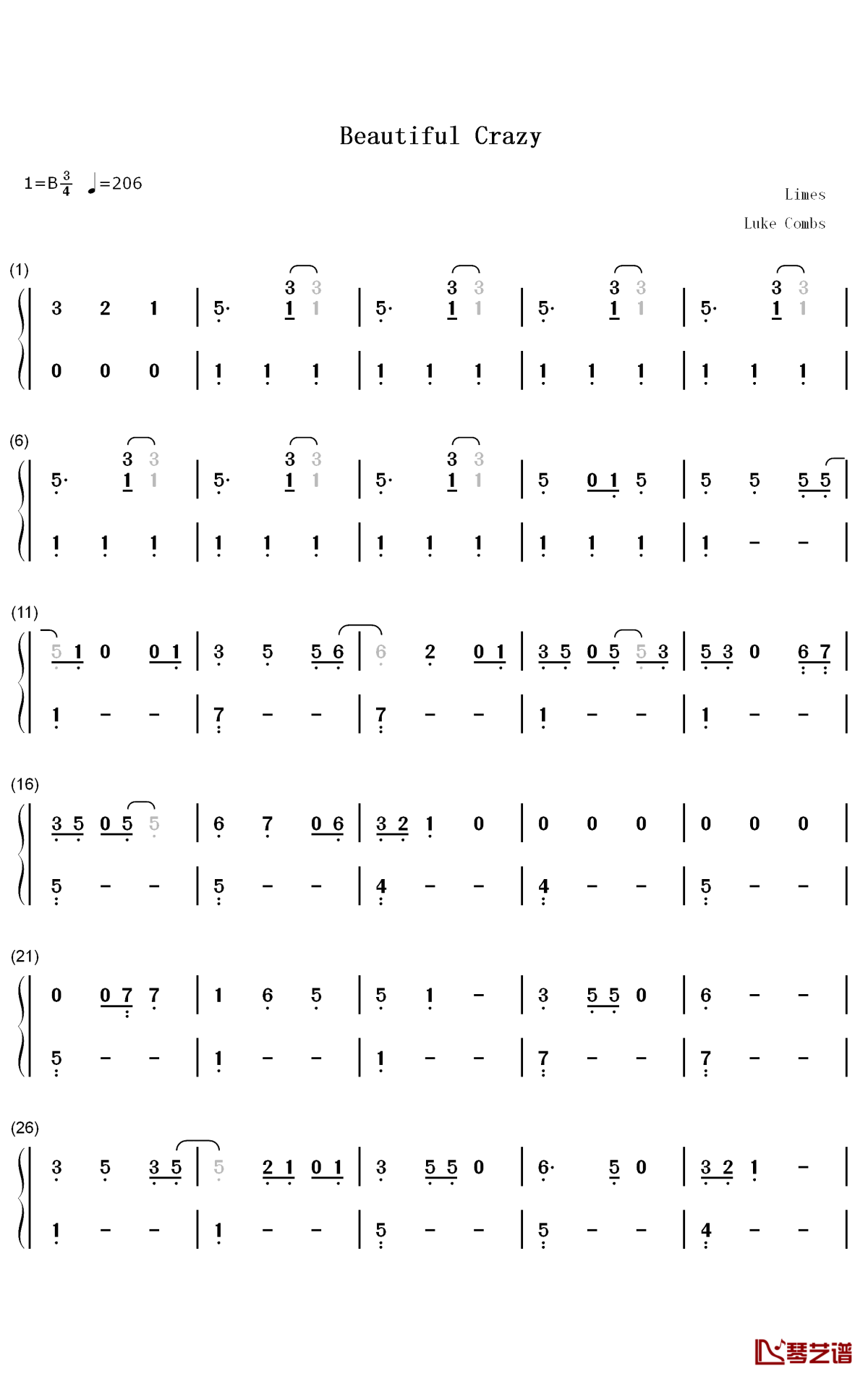 Beautiful Crazy钢琴简谱-数字双手-Luke Combs1
