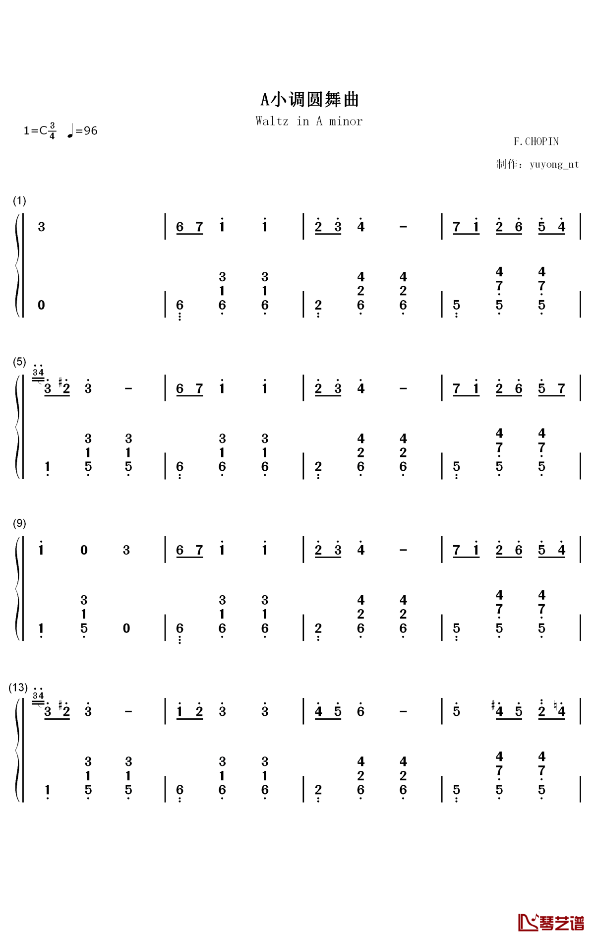 A小调圆舞曲钢琴简谱-数字双手-肖邦1