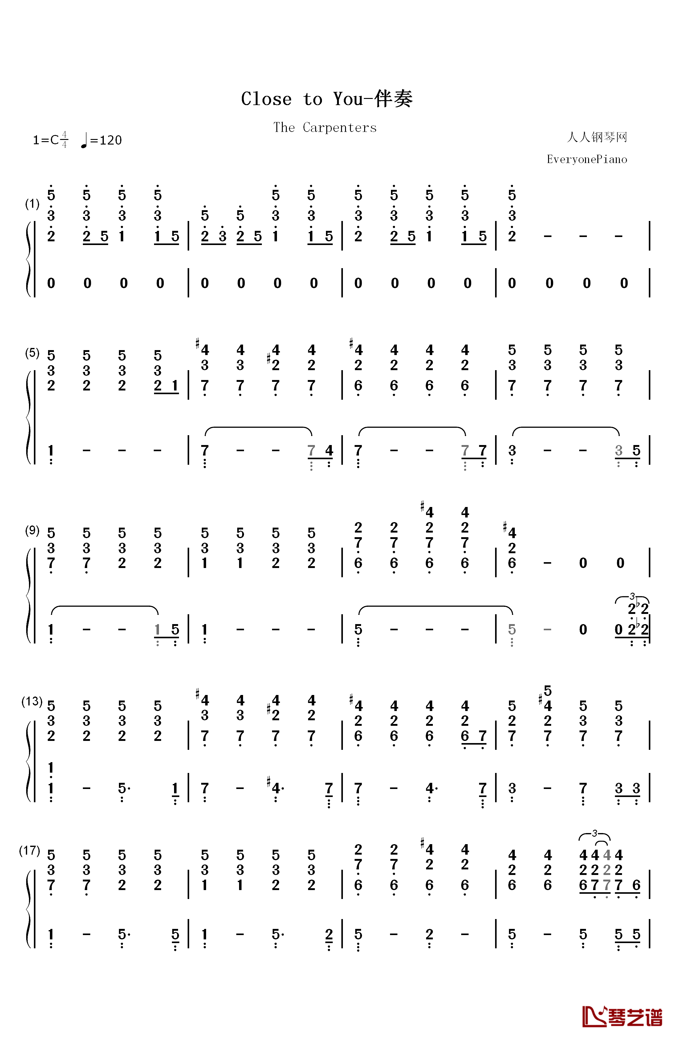 Close to You钢琴伴奏版钢琴简谱-数字双手-卡朋特  The Carpenters1