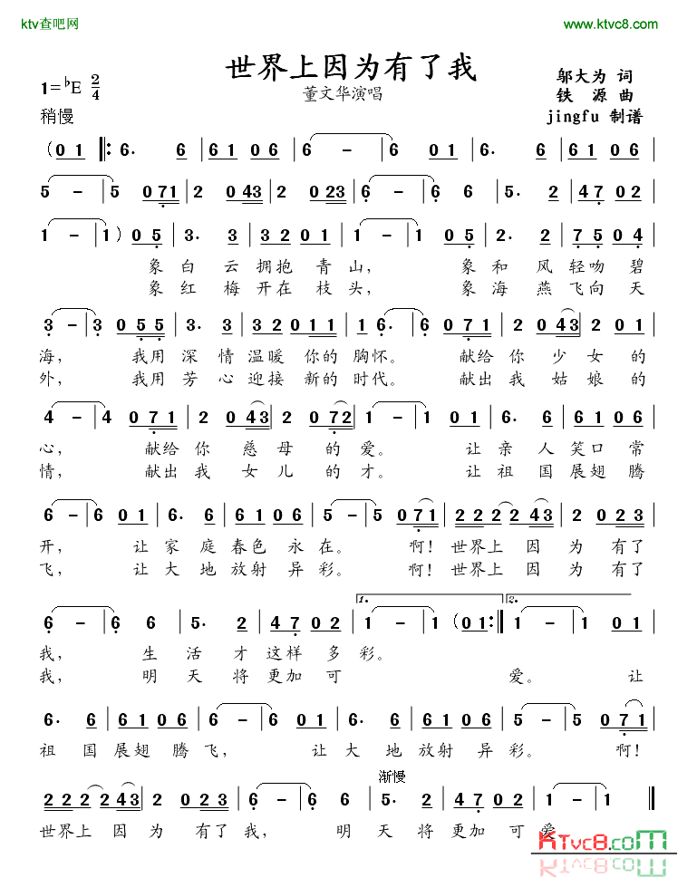 世界上因为有了我简谱-董文华演唱1