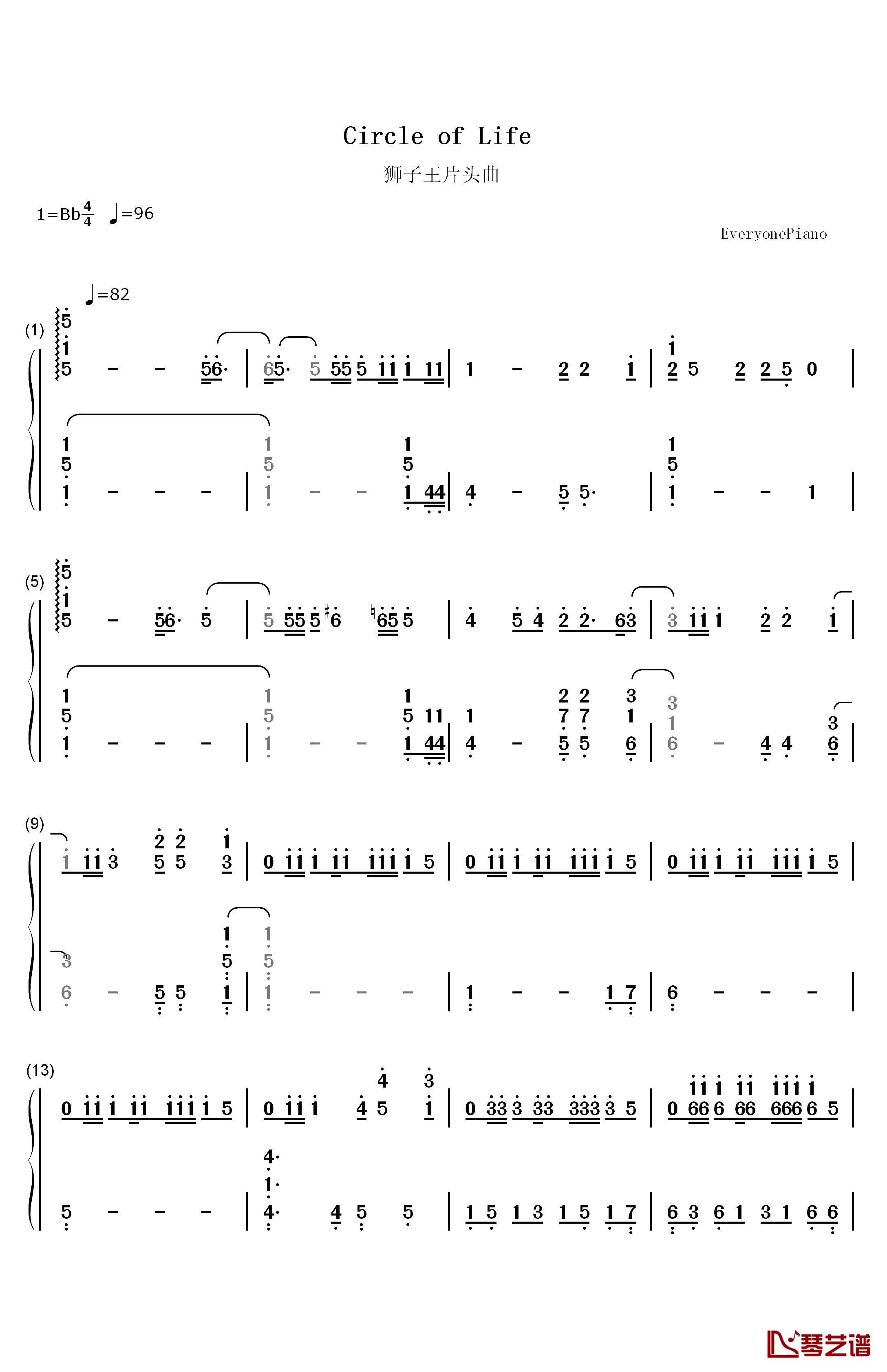 Circle of Life钢琴简谱-数字双手-Elton John1