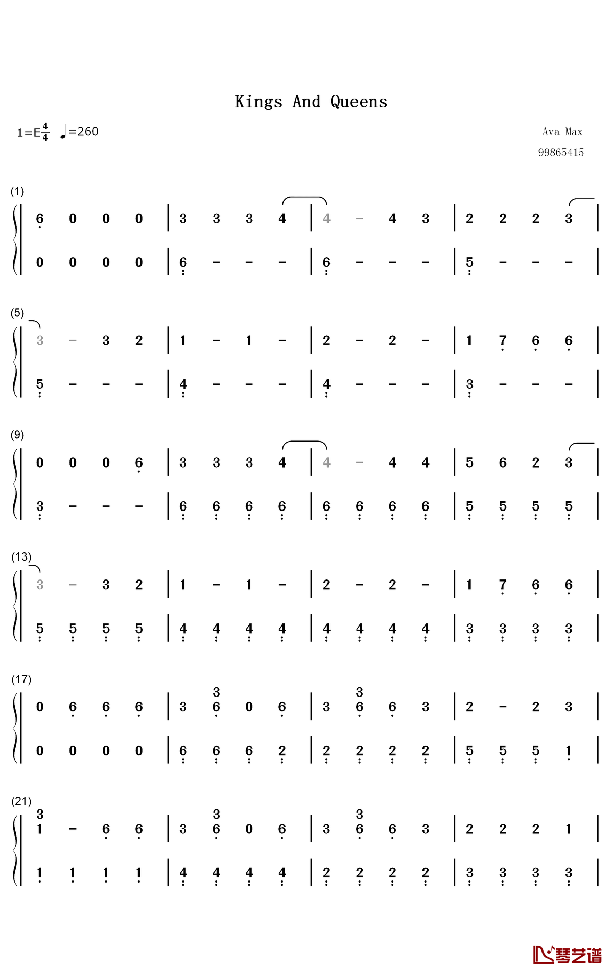 Kings Queens钢琴简谱-Ava Max歌曲-数字双手曲谱1