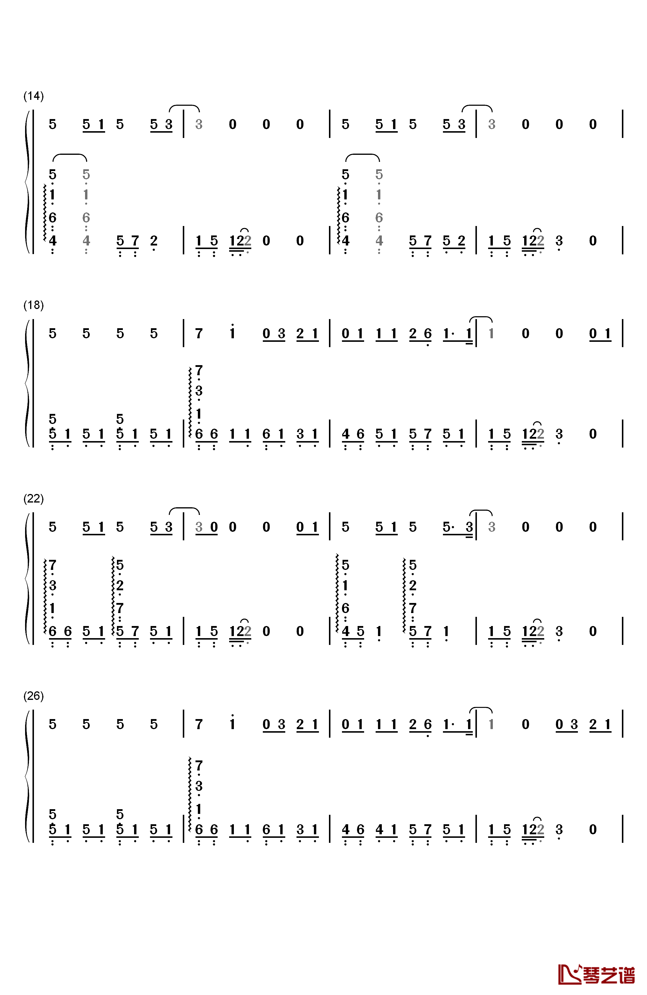 谁钢琴简谱-数字双手-廖俊涛2