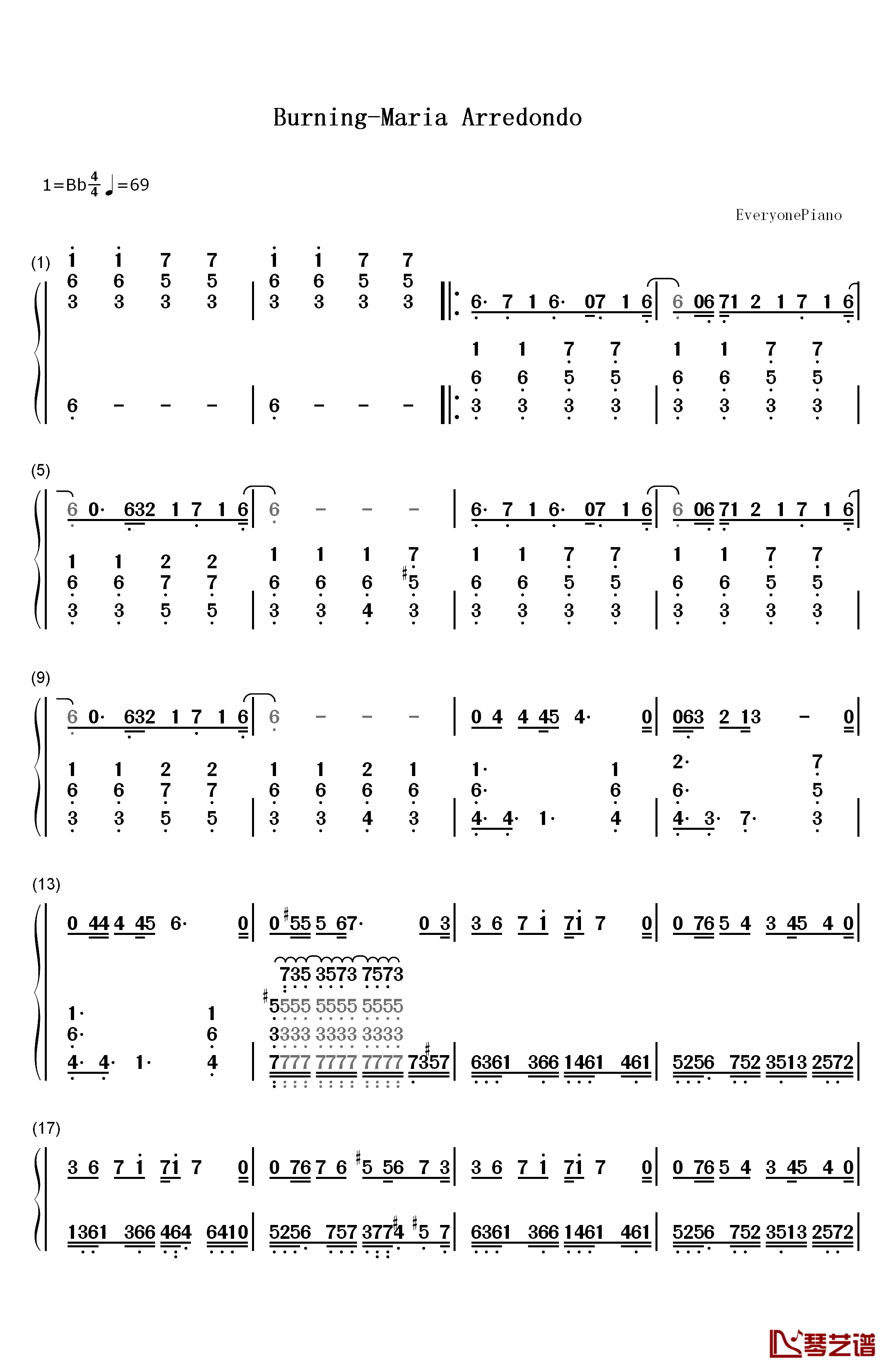 Burning燃烧钢琴简谱-数字双手-玛丽亚·亚瑞唐多  Maria Arredondo1