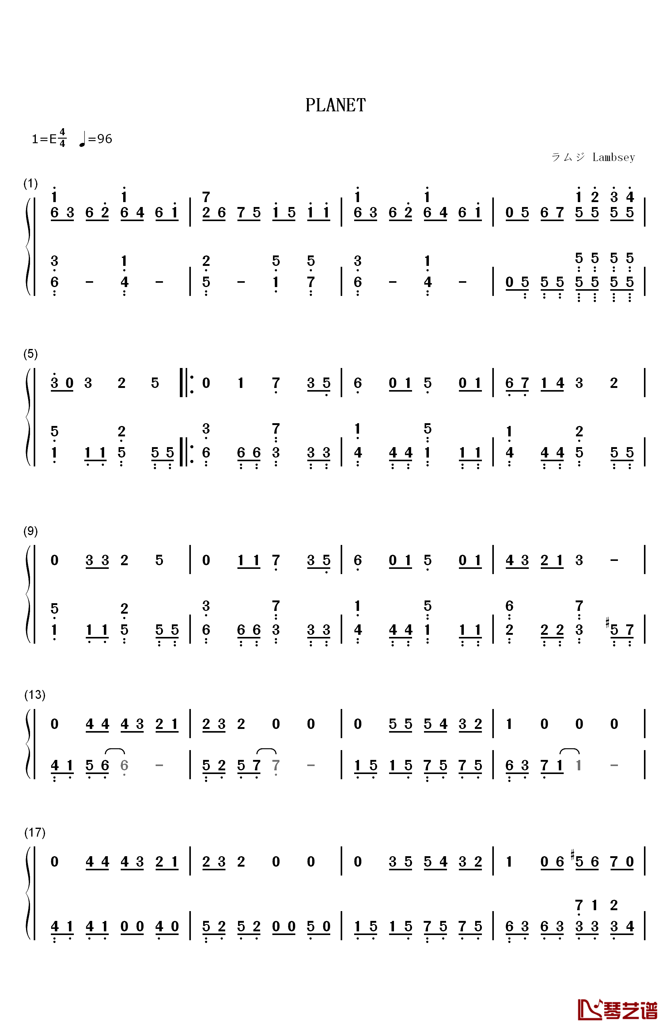 PLANET钢琴简谱-数字双手-ラムジ1