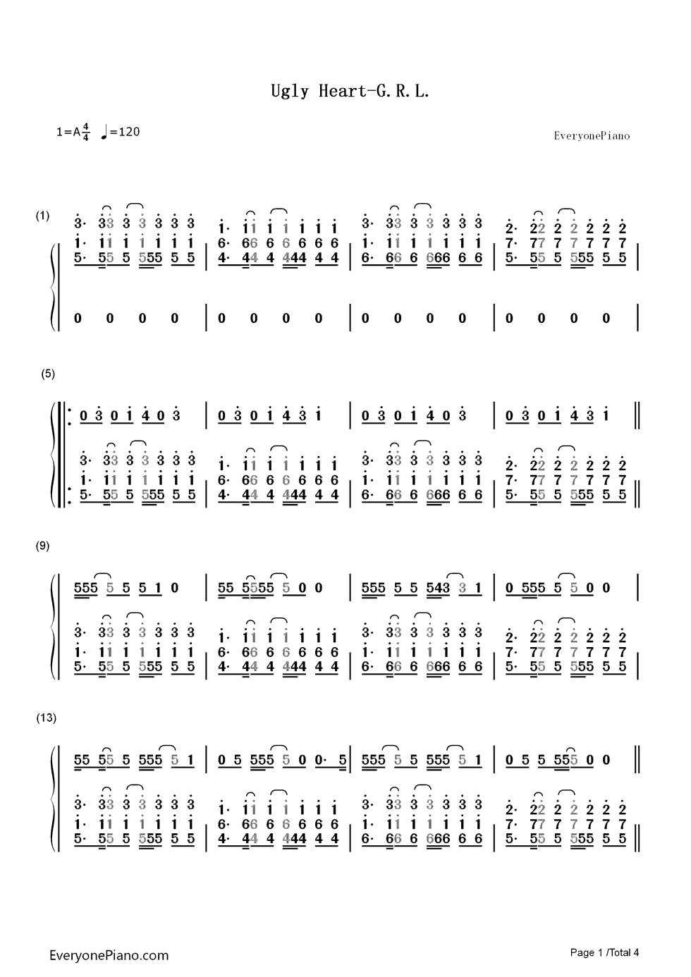 Ugly Heart钢琴简谱-数字双手-G.R.L.1