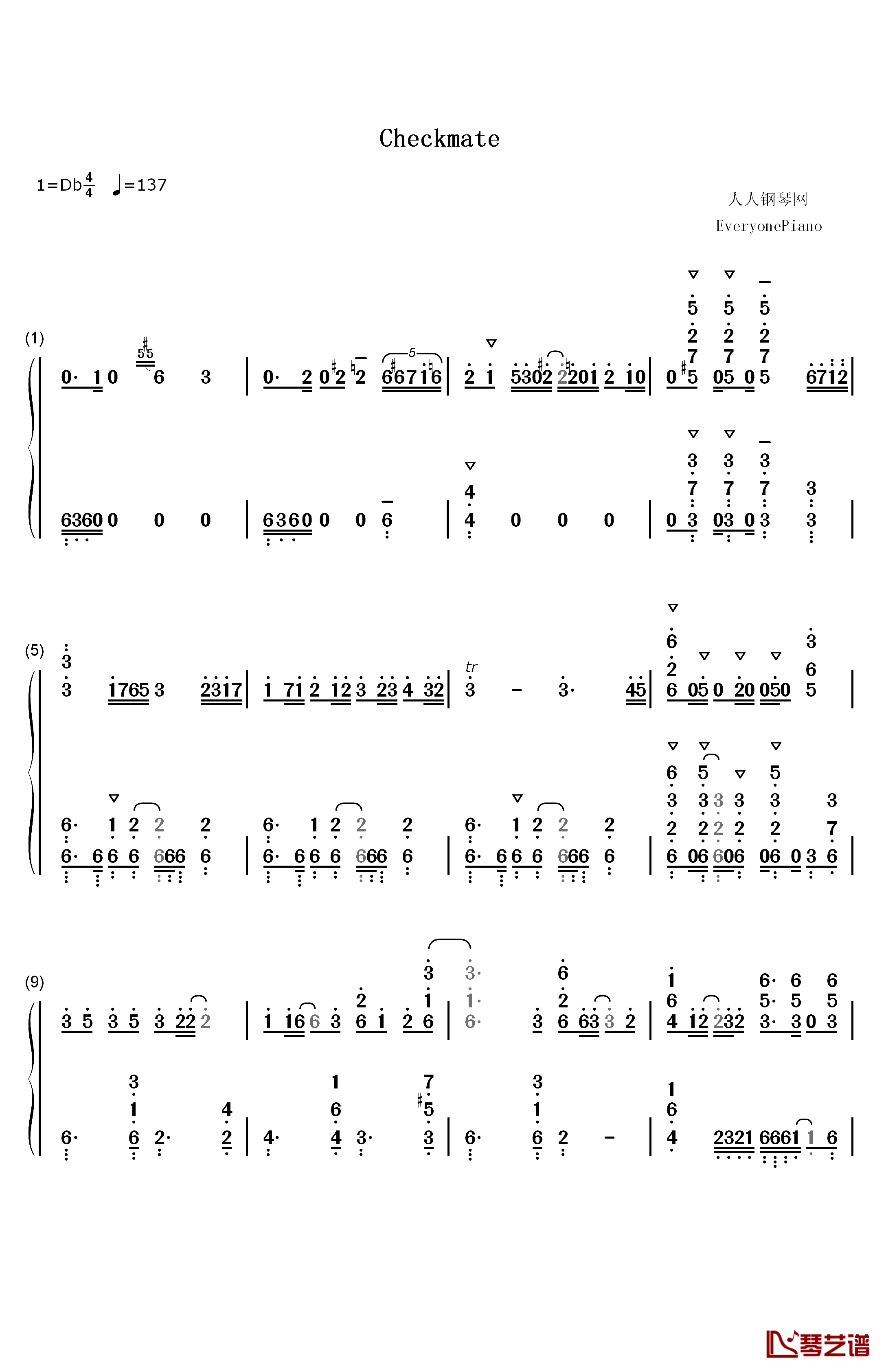 Checkmate钢琴简谱-数字双手-MICHI1