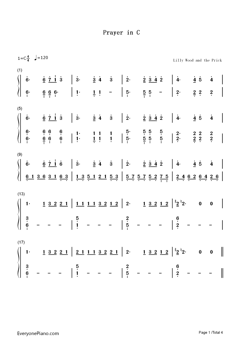 Prayer in C钢琴简谱-数字双手-Lilly Wood and the Prick1