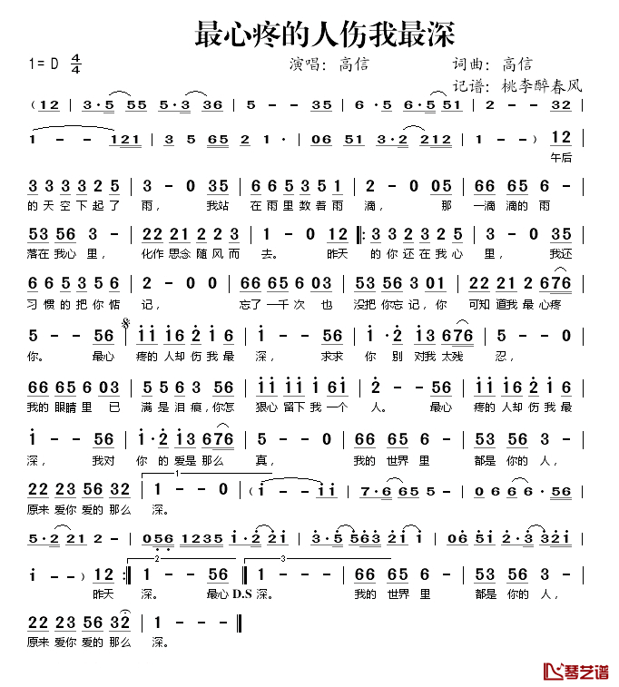 最心疼的人伤我最深简谱(歌词)-高信演唱-桃李醉春风记谱1