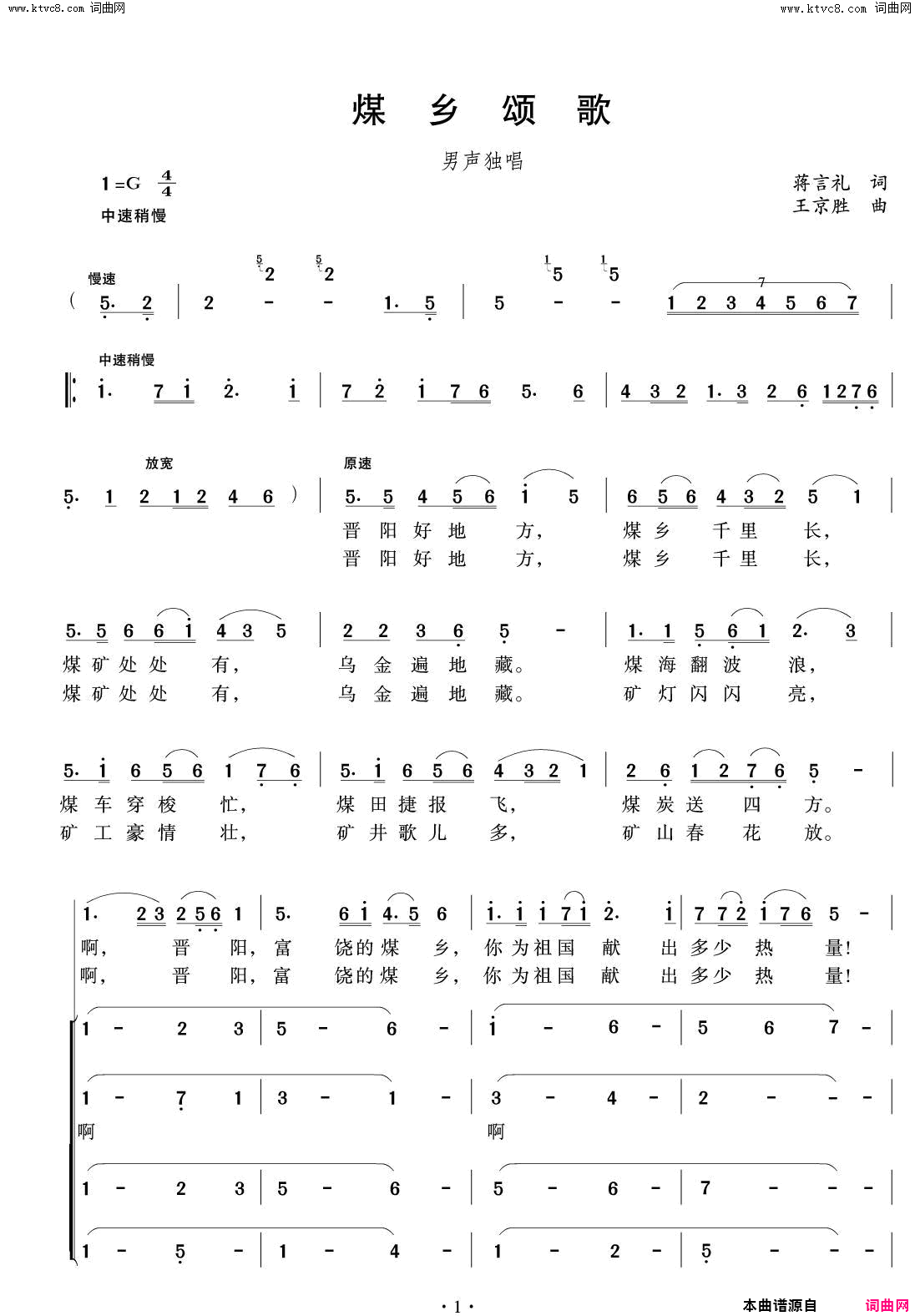 煤乡颂歌简谱1