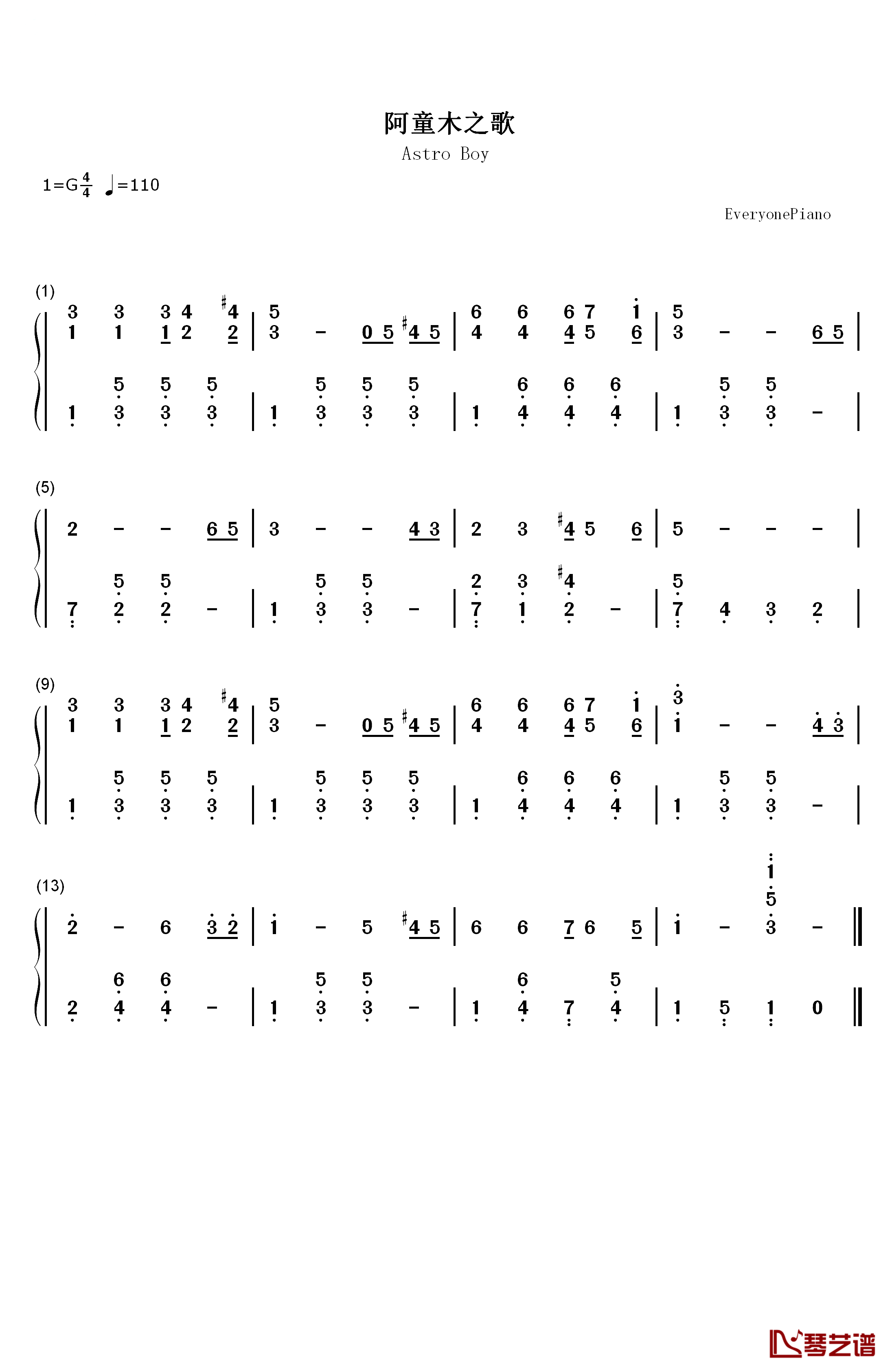 阿童木之歌钢琴简谱-数字双手-小蓓蕾组合1