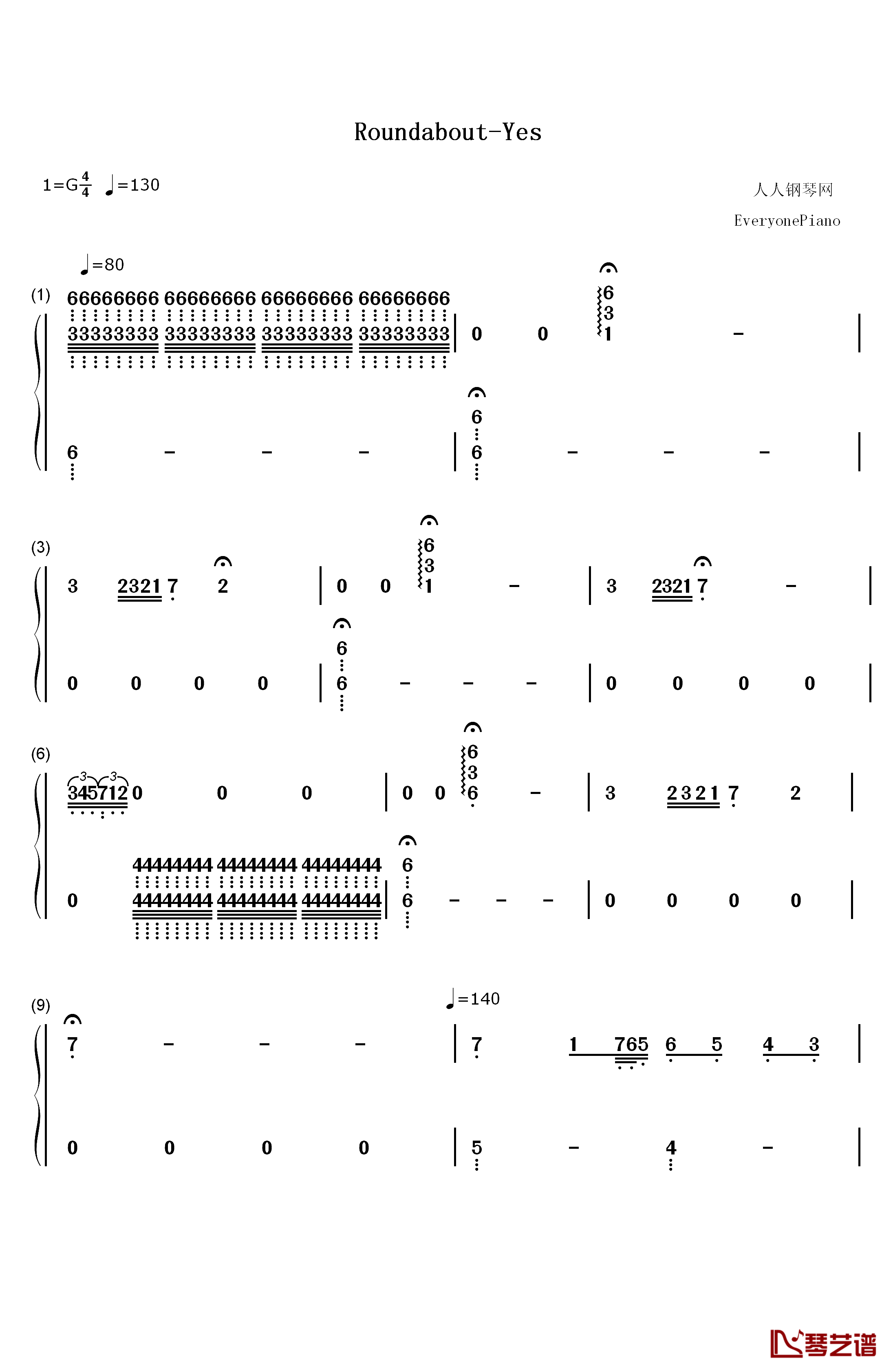 Roundabout钢琴简谱-数字双手-Yes1