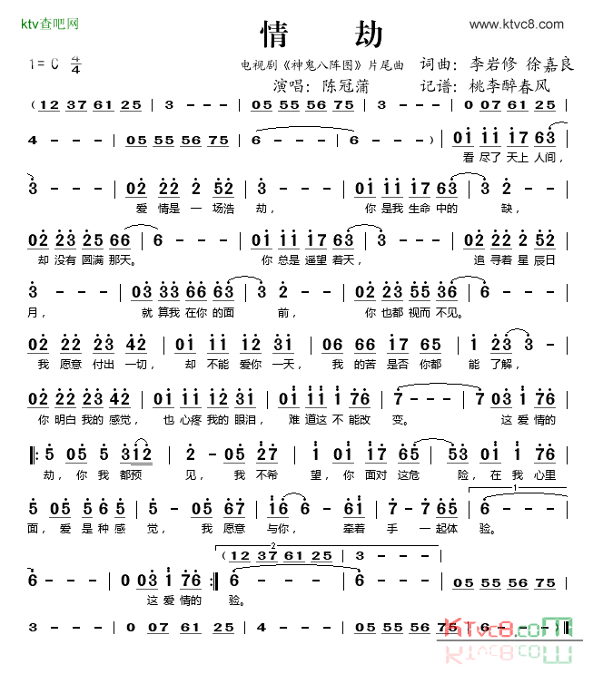 情劫电视剧《神鬼八阵图》片尾曲简谱-陈冠蒲演唱1