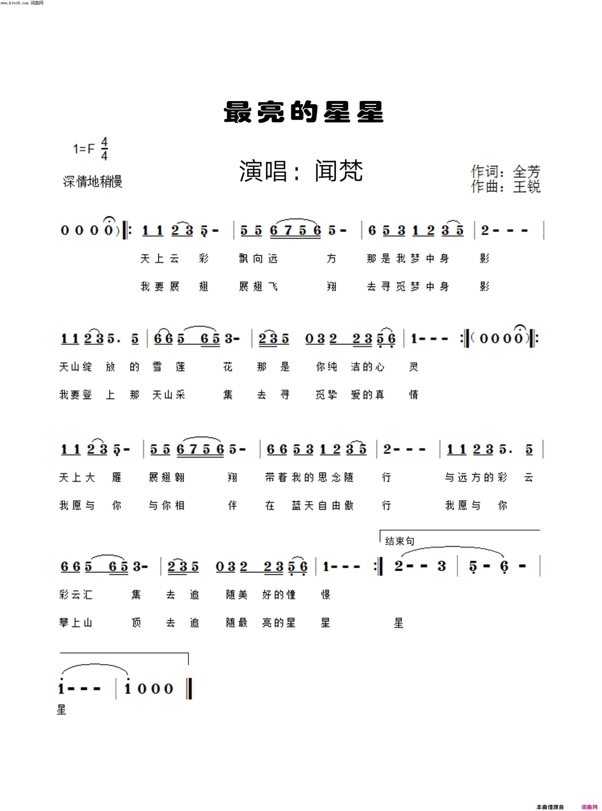 最亮的星星简谱-闻梵演唱-全芳/王锐词曲1