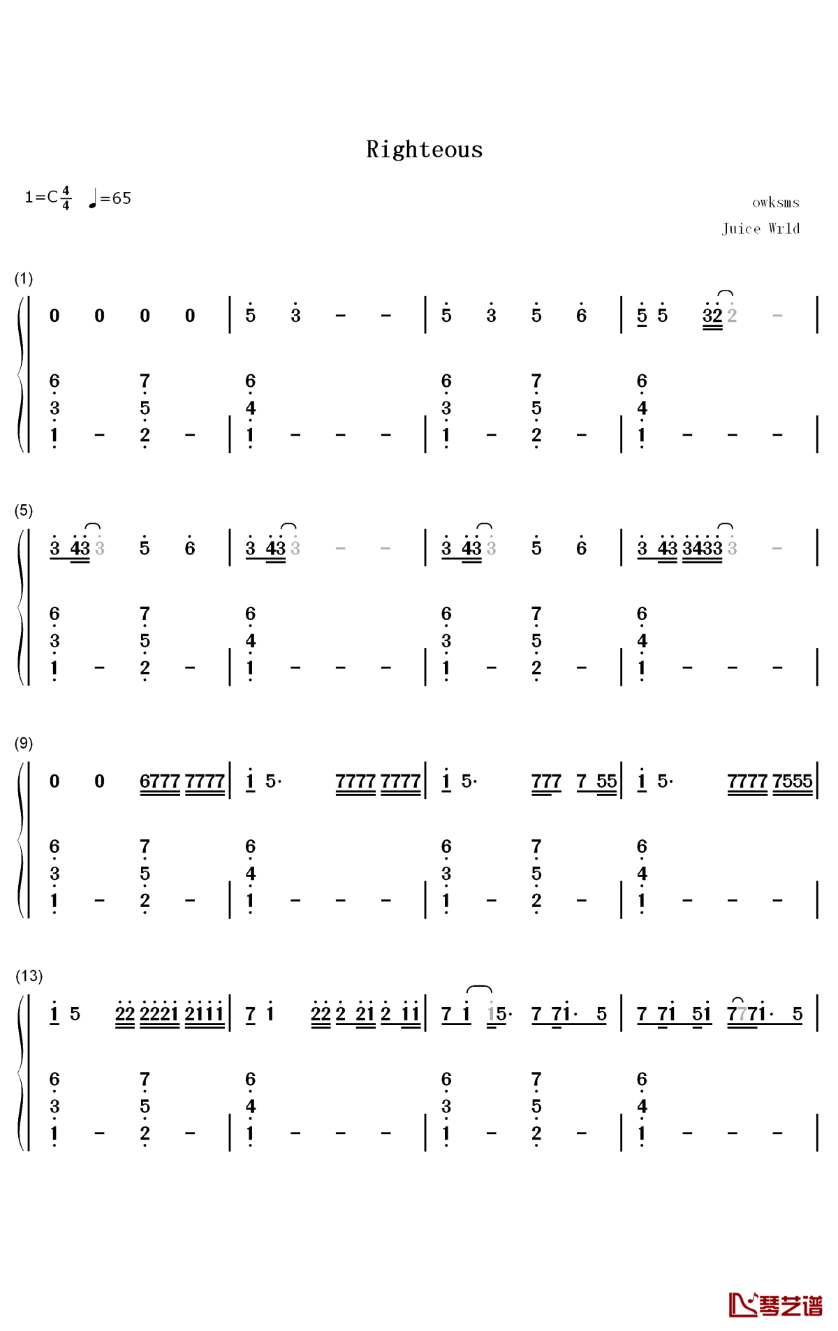 Righteous钢琴简谱-数字双手-Juice Wrld1