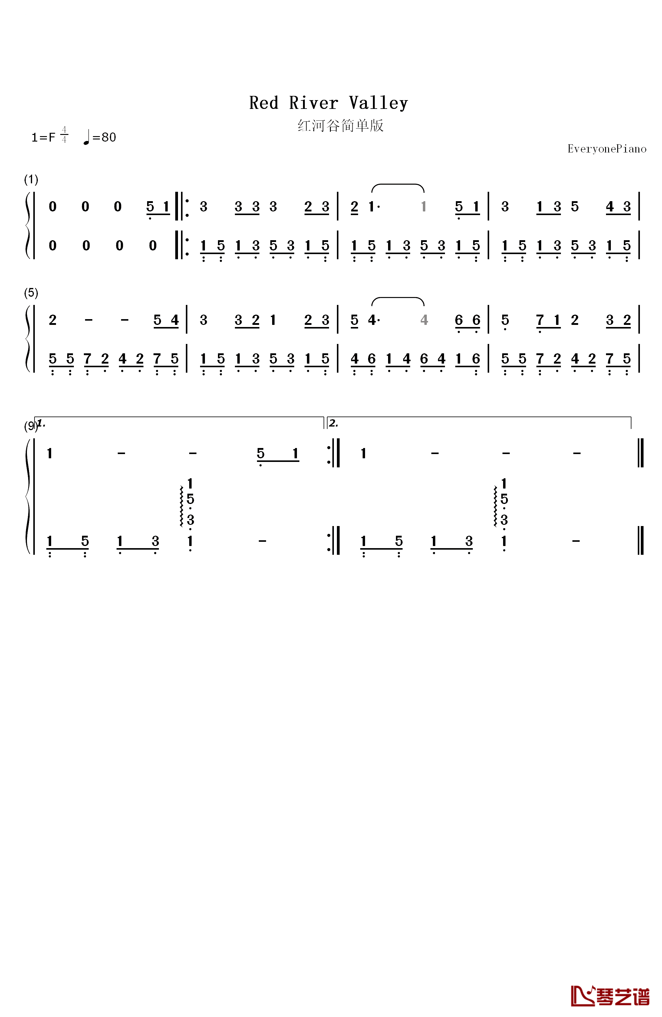 红河谷简单版钢琴简谱-数字双手-加拿大民歌1