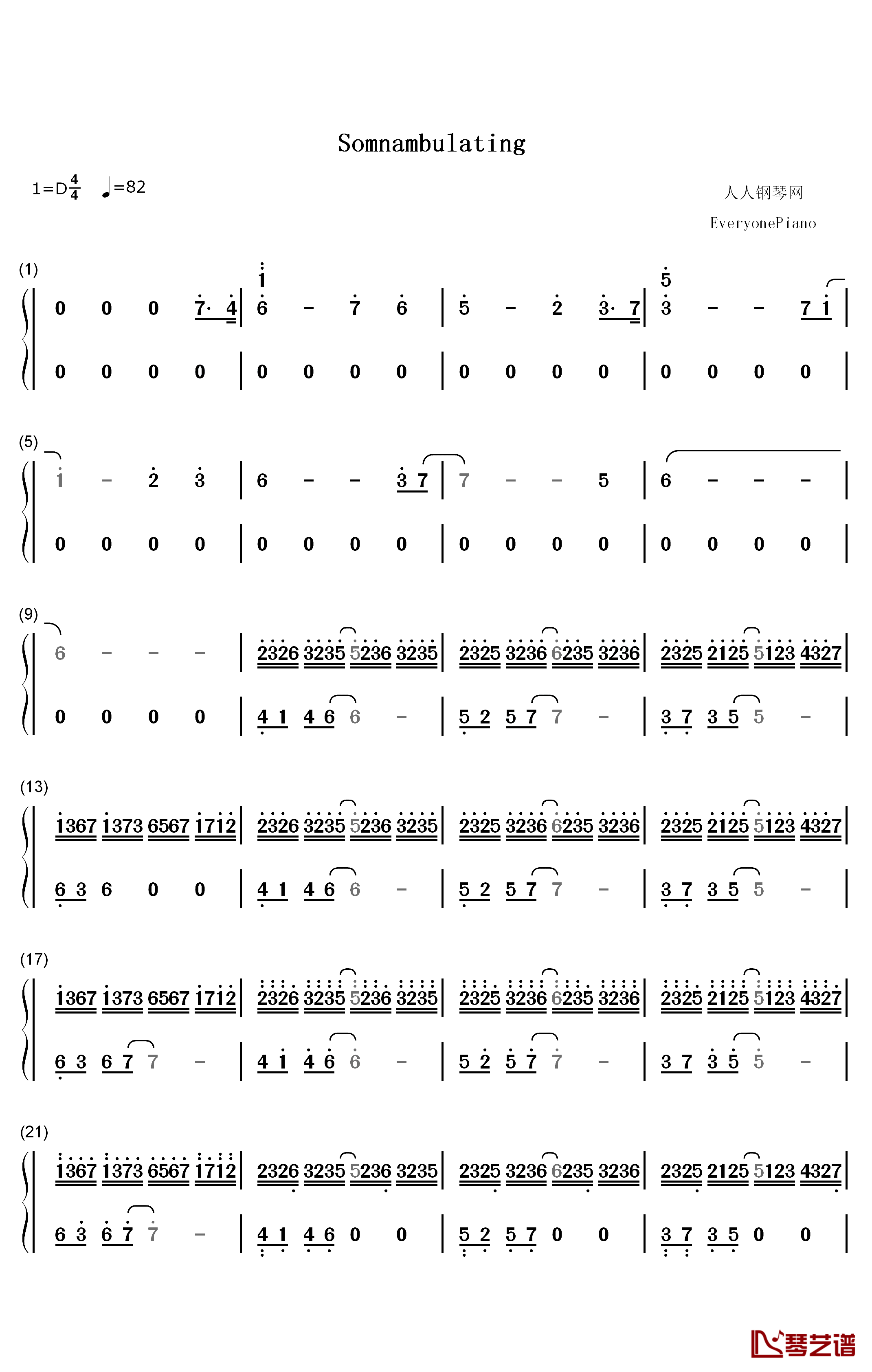 Somnambulating钢琴简谱-数字双手-羽肿1