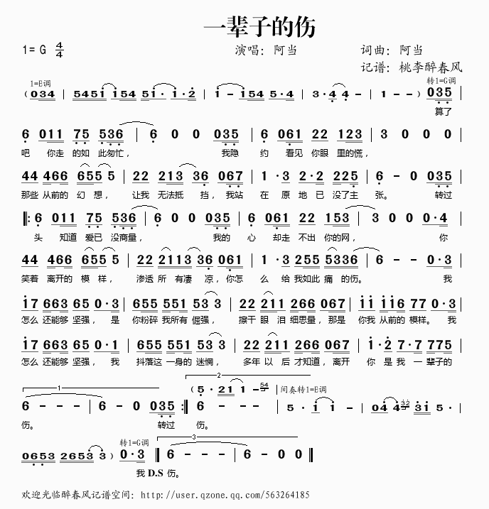 一辈子的伤简谱-阿当演唱-阿当/阿当词曲1