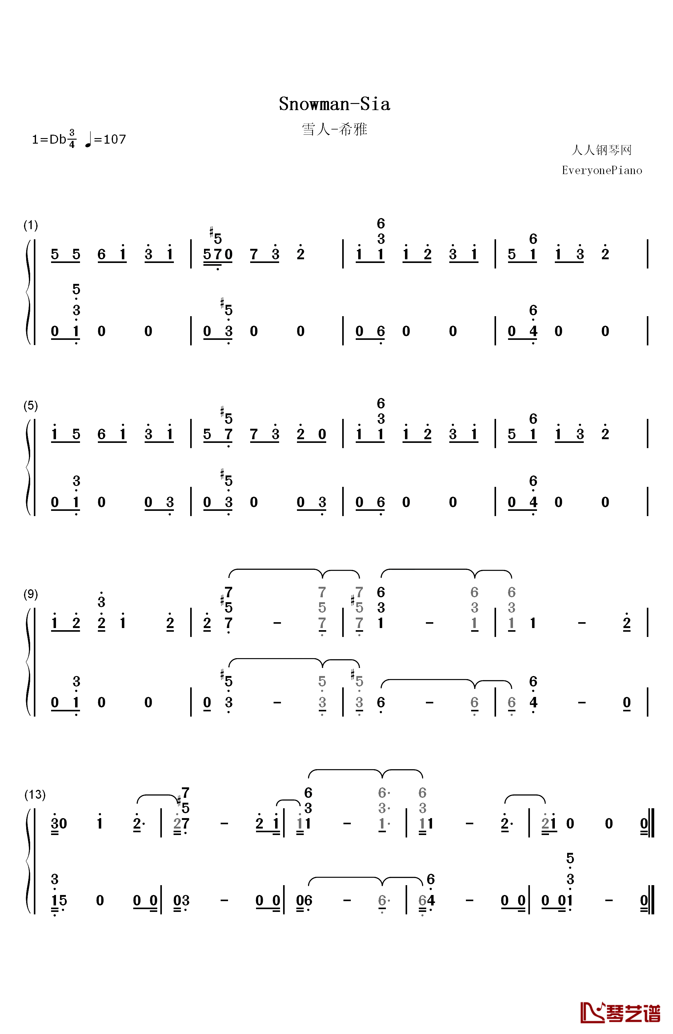 Snowman钢琴简谱-数字双手-Sia1