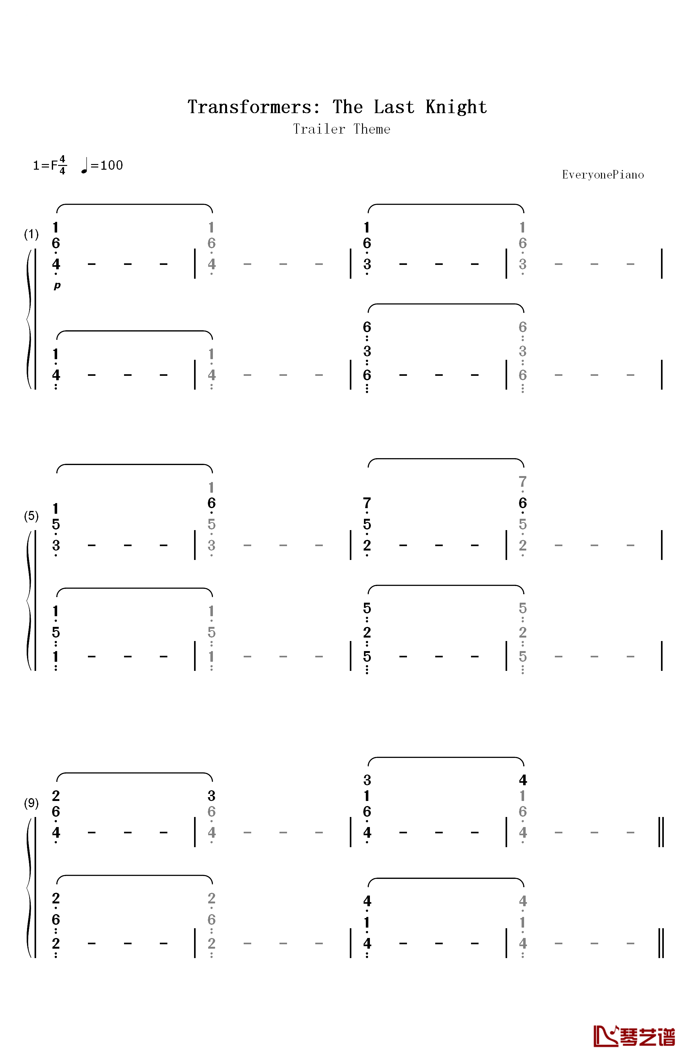 变形金刚5最后的骑士Trailer Theme钢琴简谱-数字双手-Steve Jablonsky1