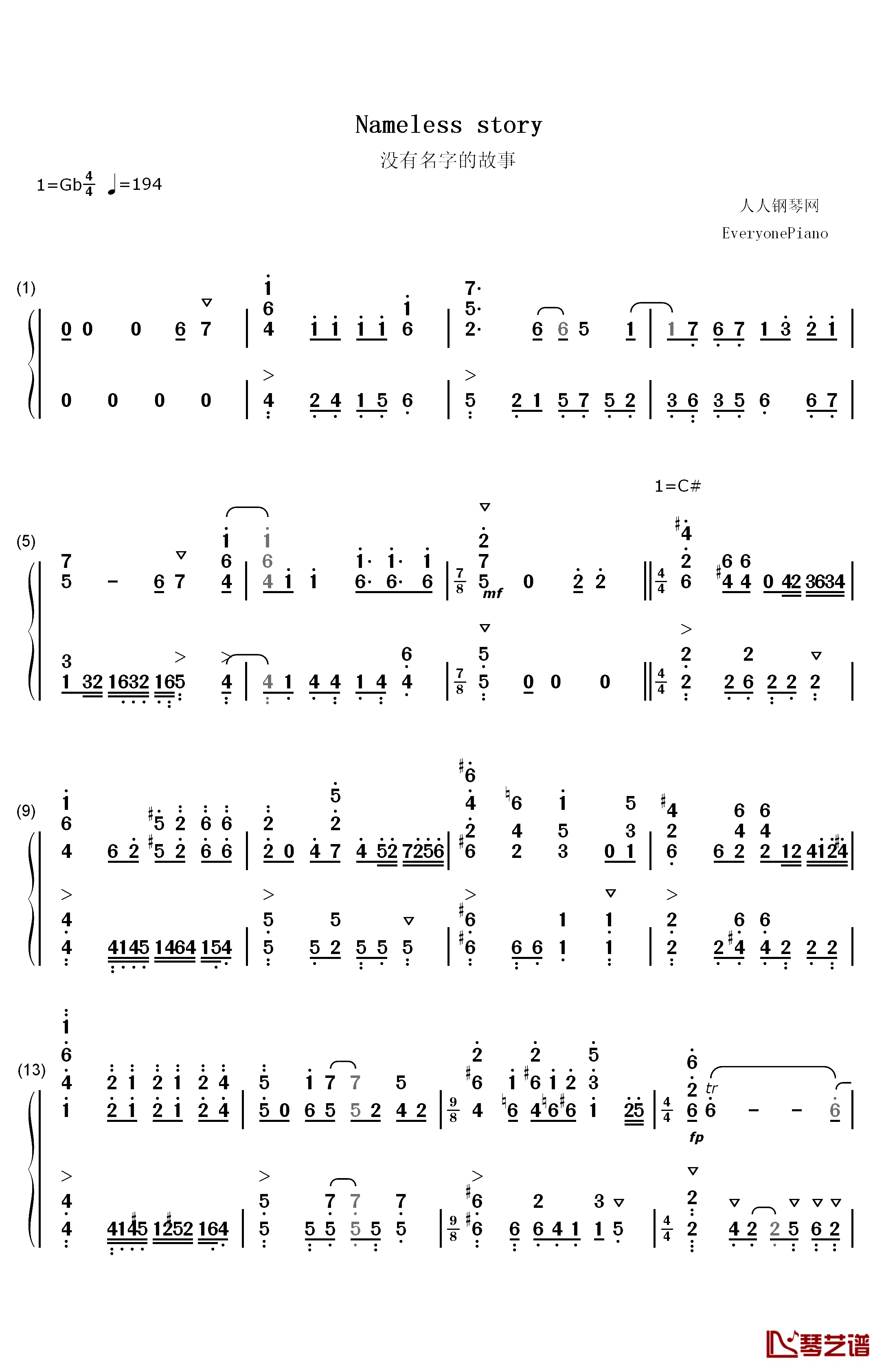 Nameless Story钢琴简谱-数字双手-寺岛拓笃1