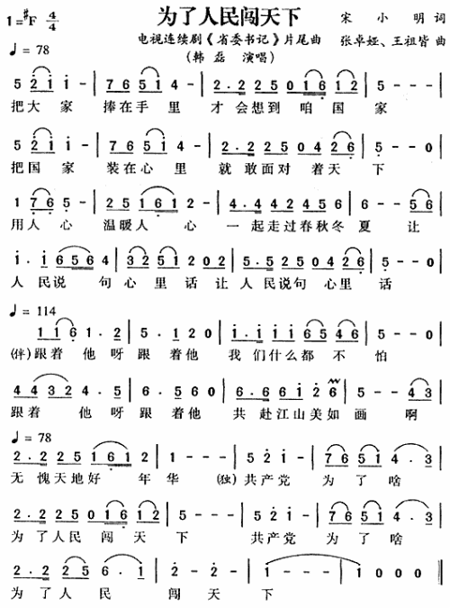 为了人民闯天下《省委书记》片尾曲简谱1