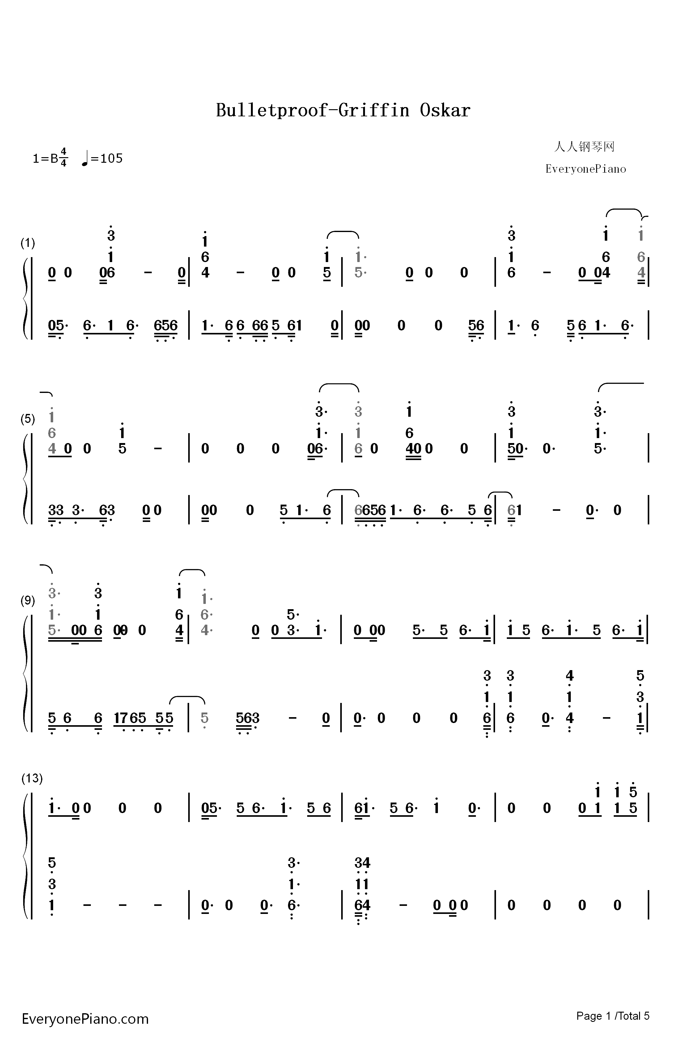 Bulletproof钢琴简谱-数字双手-Griffin Oskar1